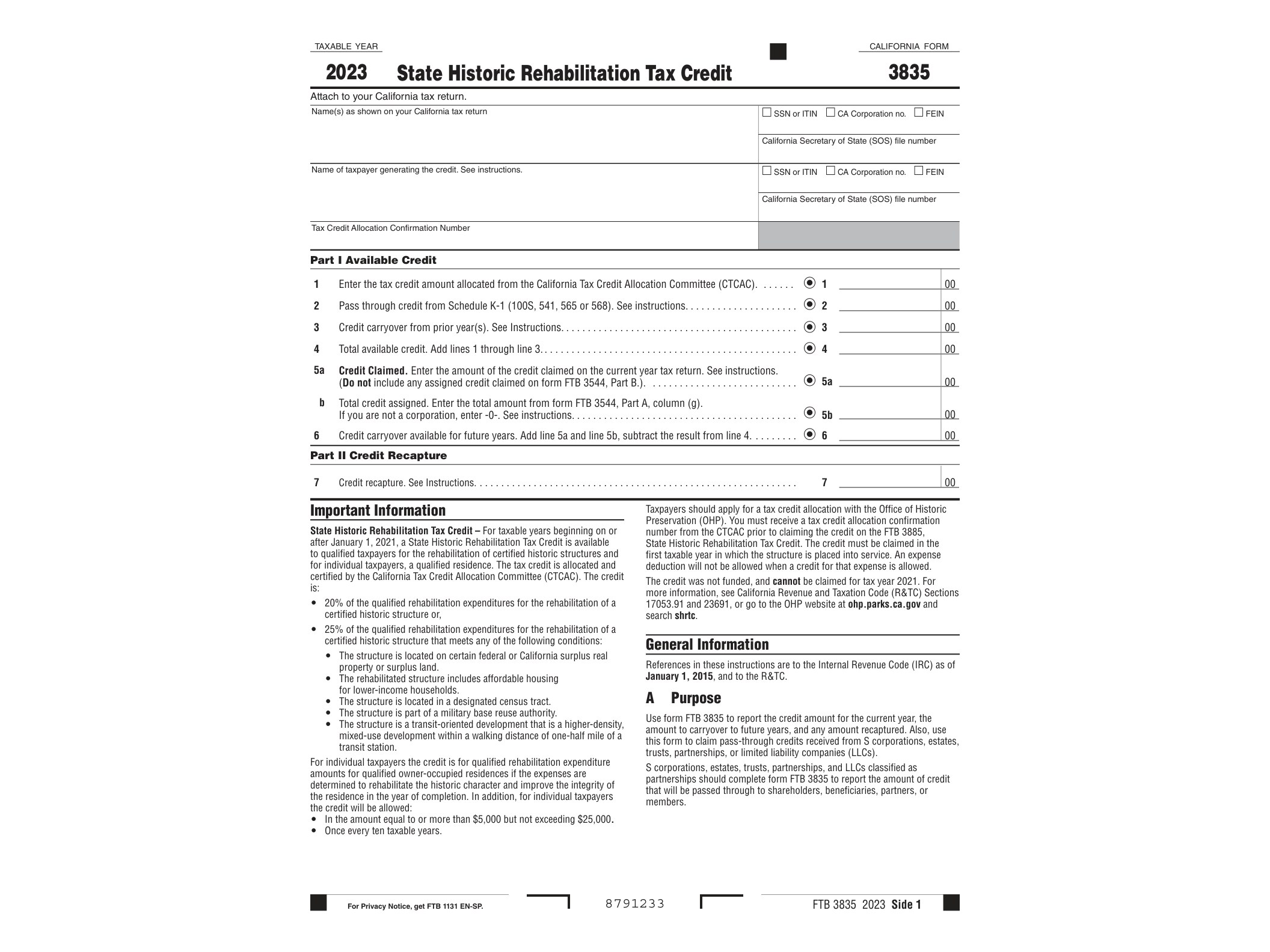 3835 2023 Form 3835 State Historic Rehabilitation Tax Credit - official form preview, page 1