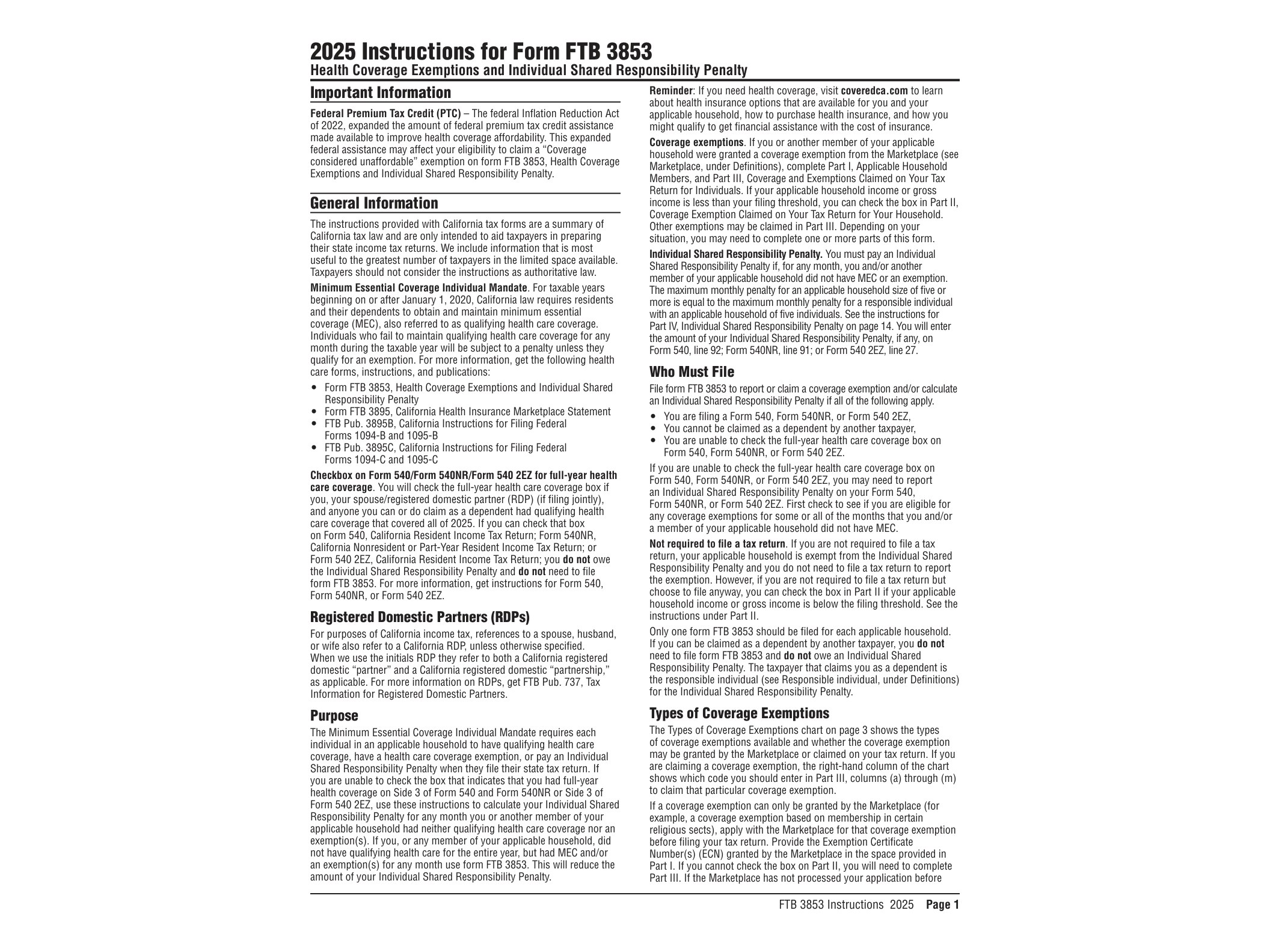 3853 2020 Instructions for California Form 3853 Health Coverage Exemptions and Individual Shared Responsibility Penalty - official form preview, page 1