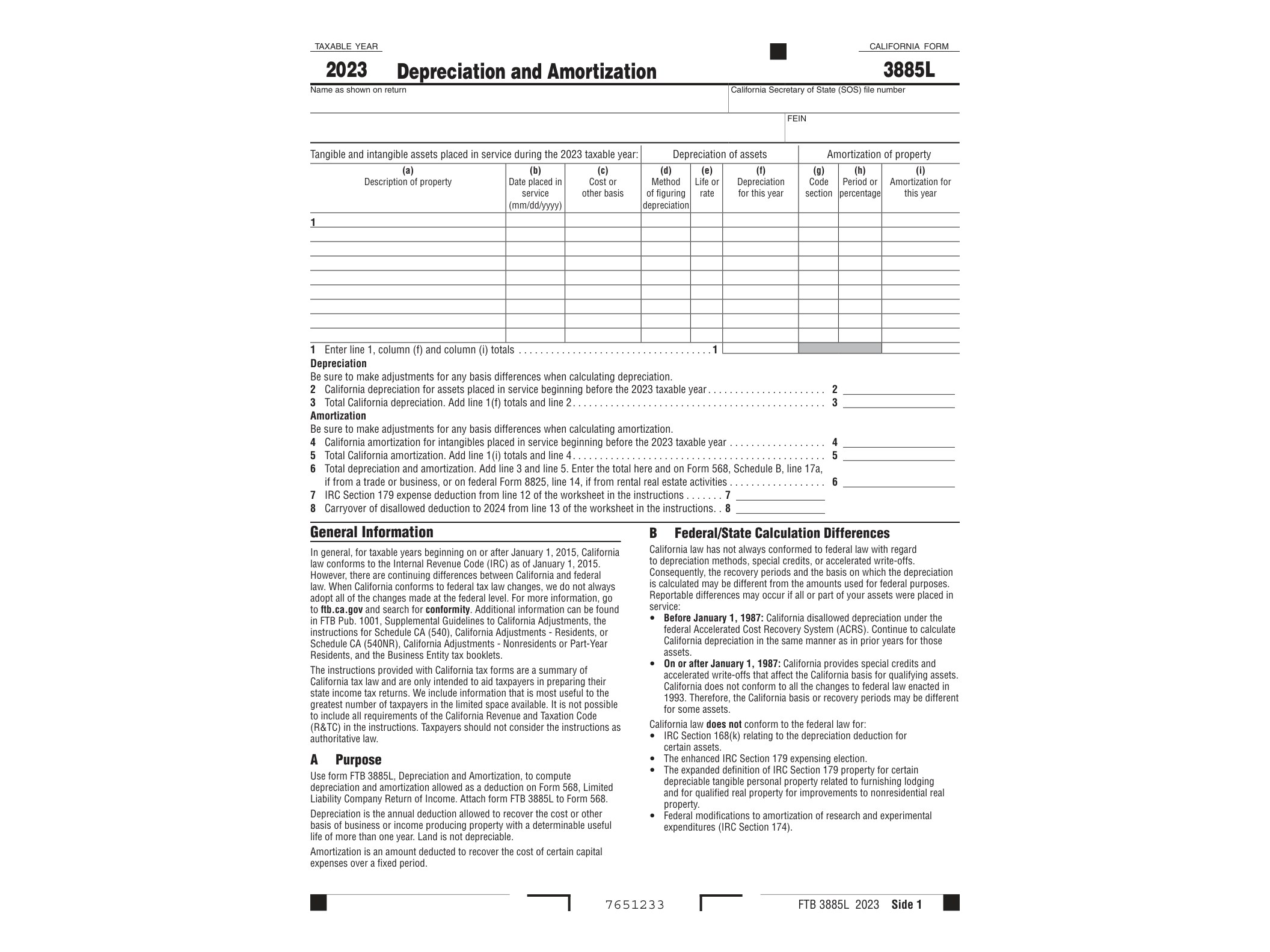 3885L 2023 Form 3885L Depreciation and Amortization - official form preview, page 1