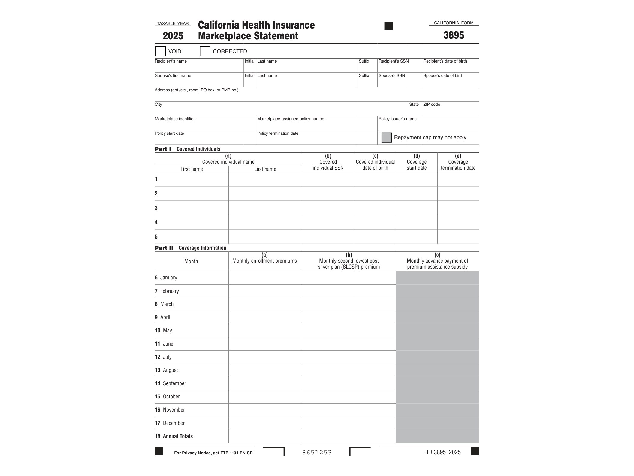 3895 2021 Recipient Instructions for Form FTB 3895 California Health Insurance Marketplace Statement - official form preview, page 1