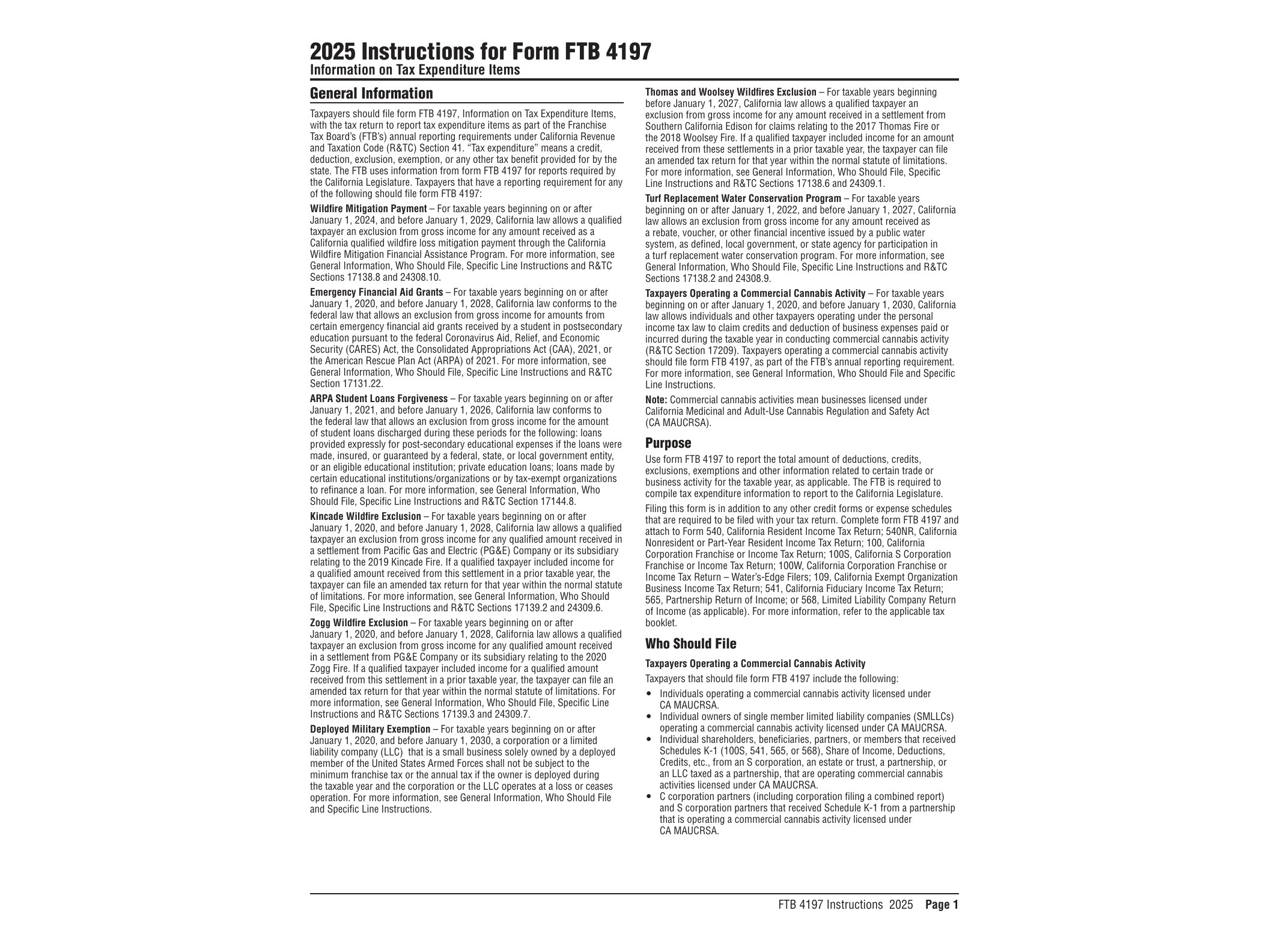 4197 2021 Instructions for Form FTB 4197 Information on Tax Expenditure Items - official form preview, page 1