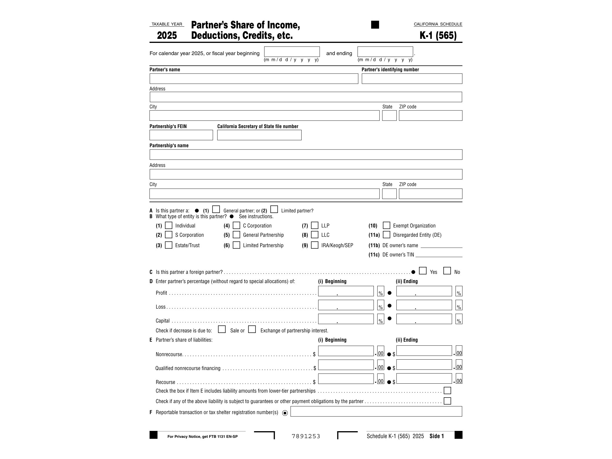 565 2021 Form 565, Partnership Return of Income - official form preview, page 1