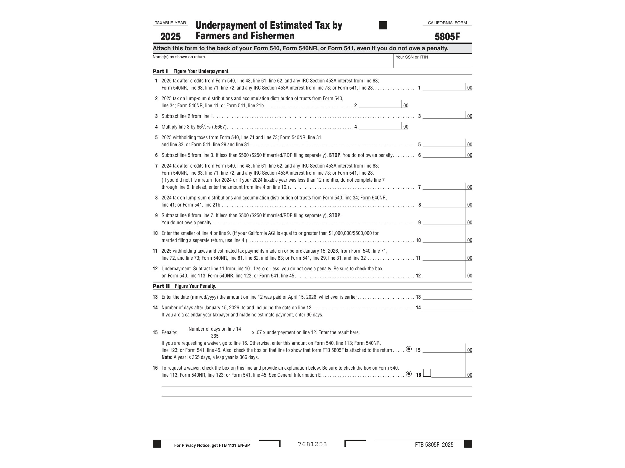 5805 2024 Form 5805F Underpayment of Estimated Tax by Farmers and Fishermen - official form preview, page 1