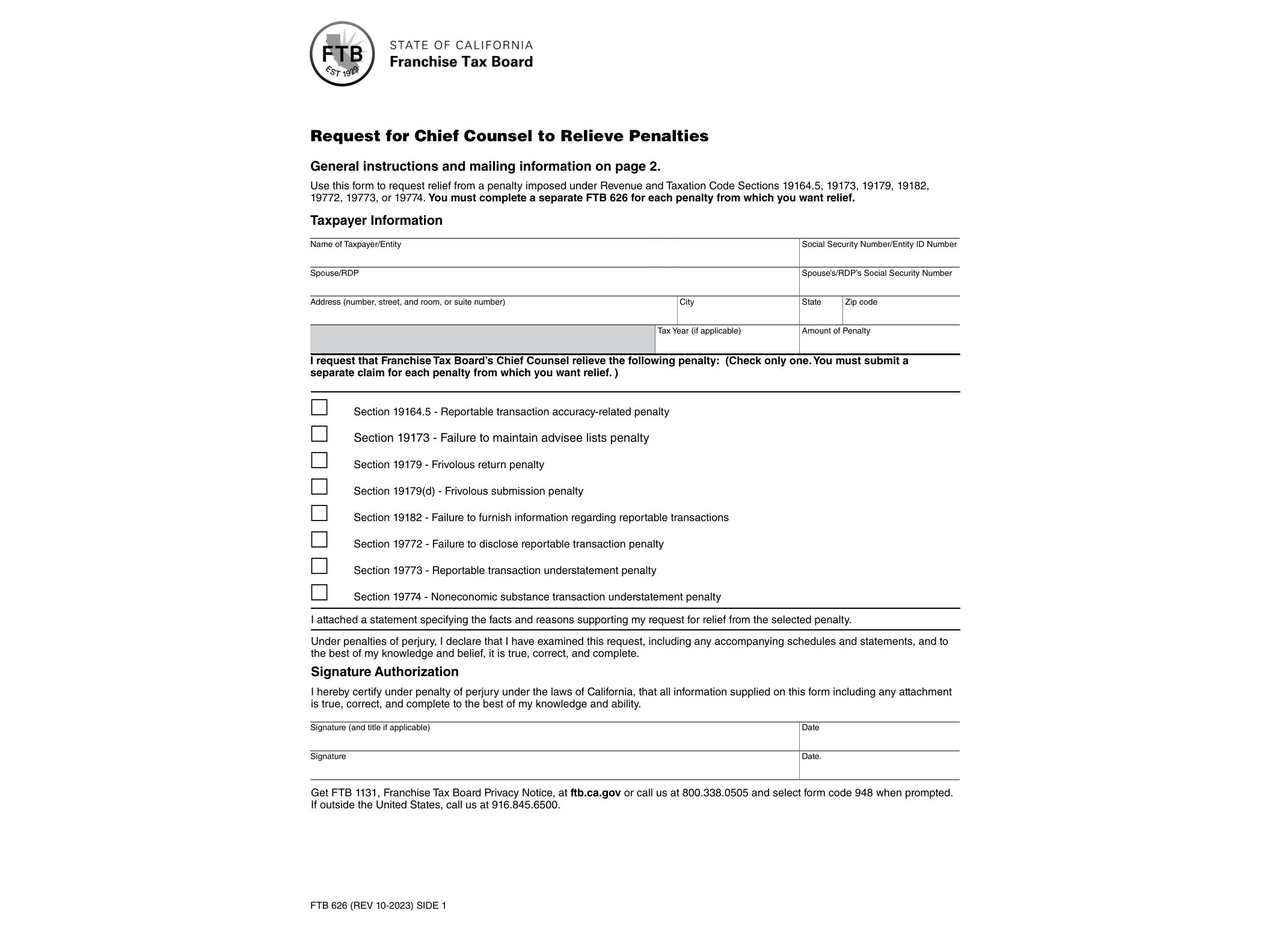 626 FTB 626 Request for Chief Counsel to Relieve Penalties - official form preview, page 1