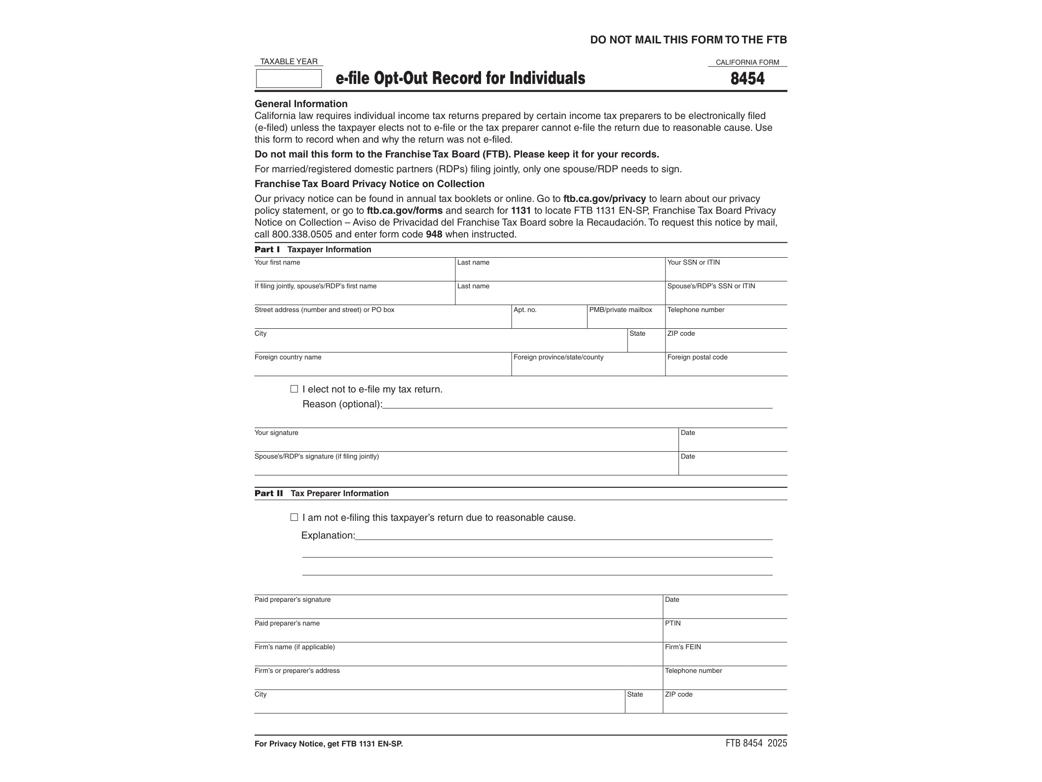 8454 2024 Form 8454 e-file Opt-Out Record for Individuals - official form preview, page 1