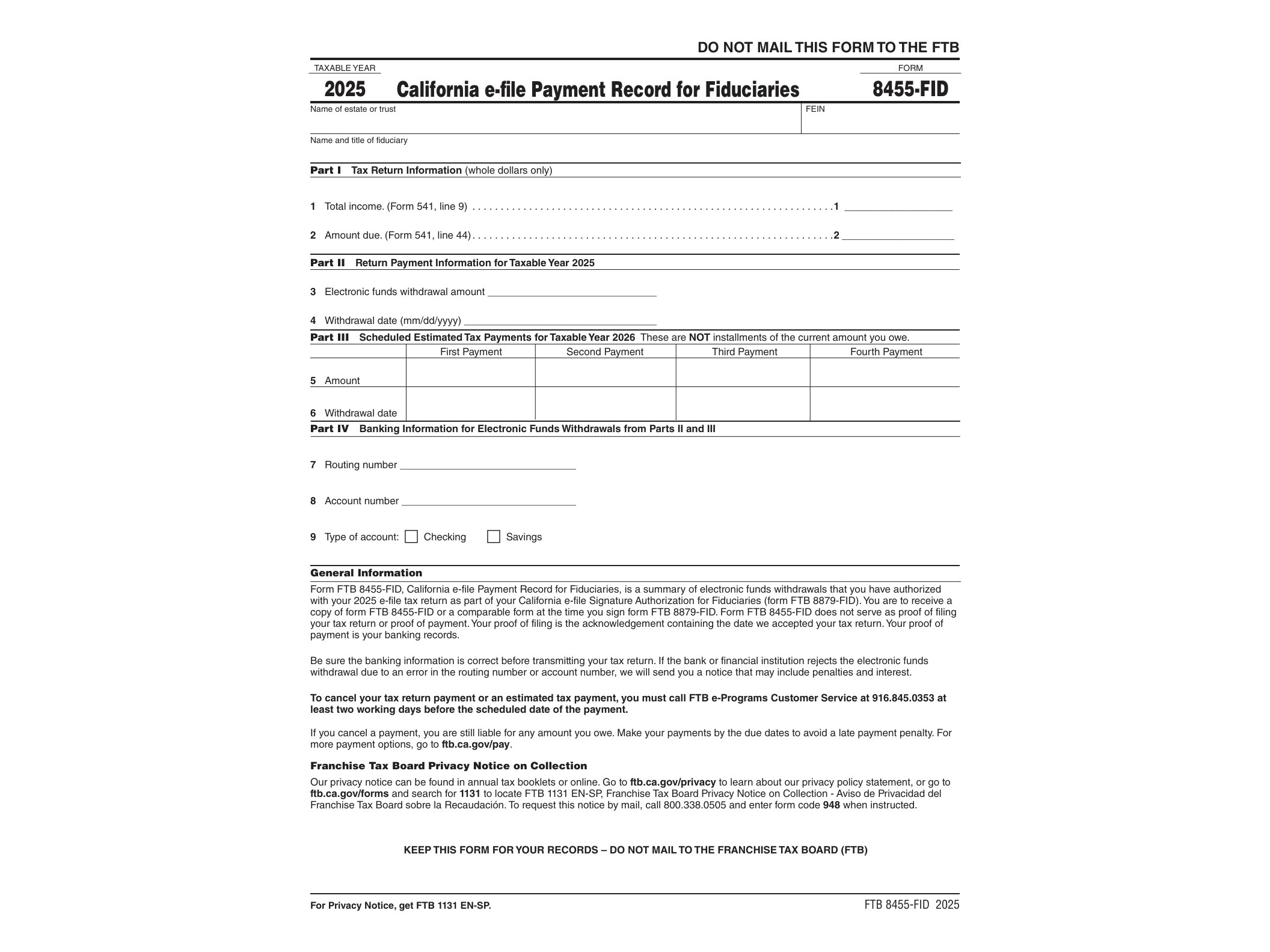 8455 2024 Form 8455-FID California e-file Payment Record for Fiduciaries - official form preview, page 1