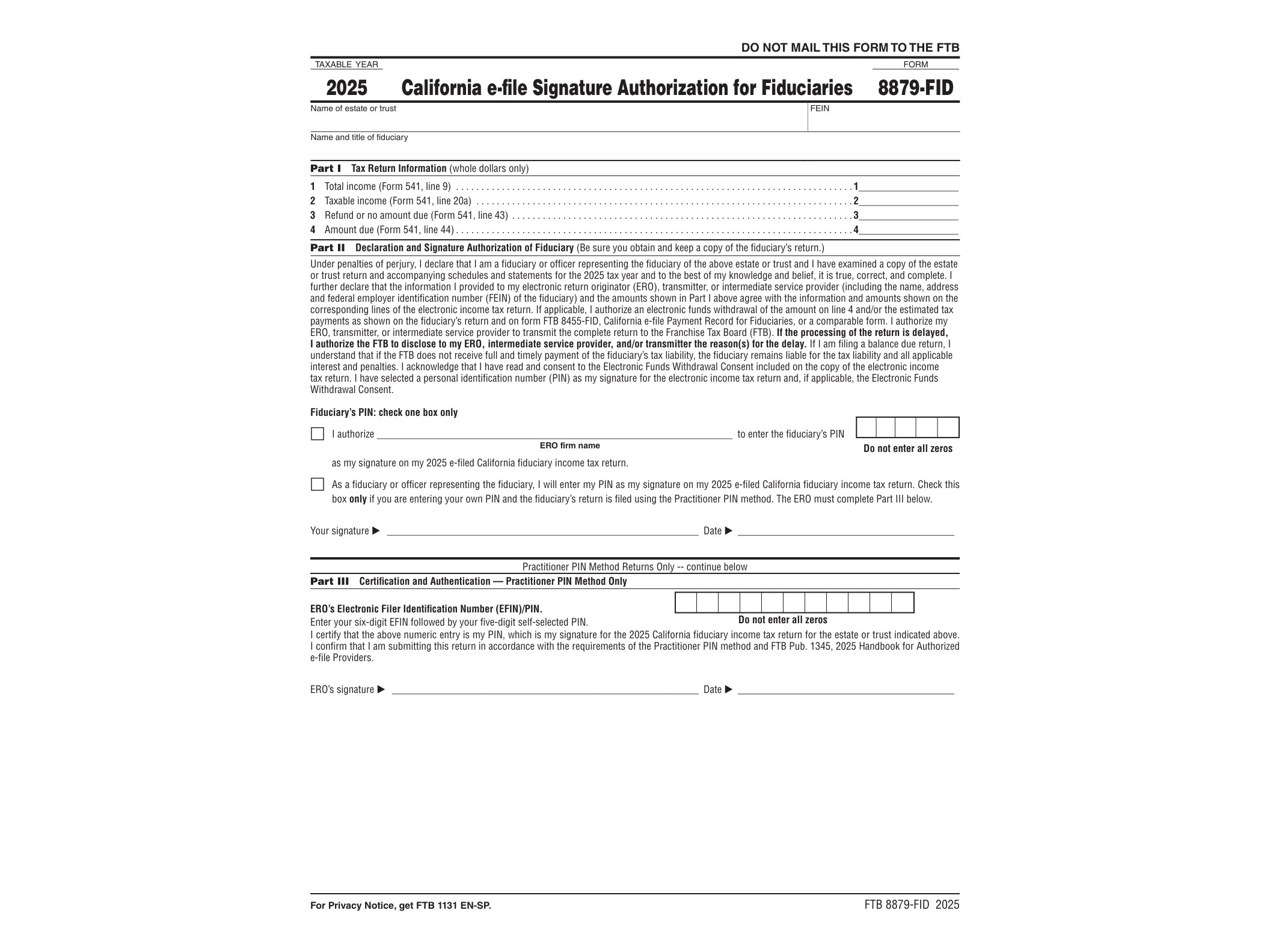 8879 2024 Instructions for Form FTB 8879-FID California e-file Signature Authorization for Fiduciaries - official form preview, page 1