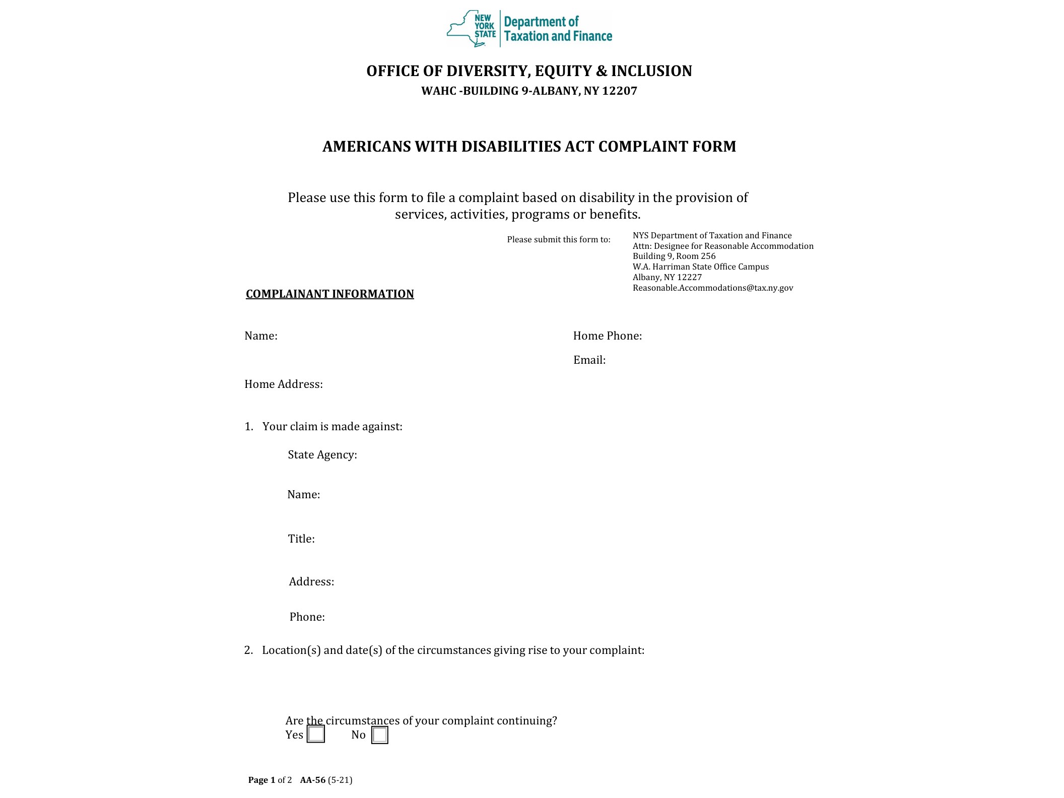 AA56 AMERICANS WITH DISABILITIES ACT COMPLAINT FORM - official form preview, page 1