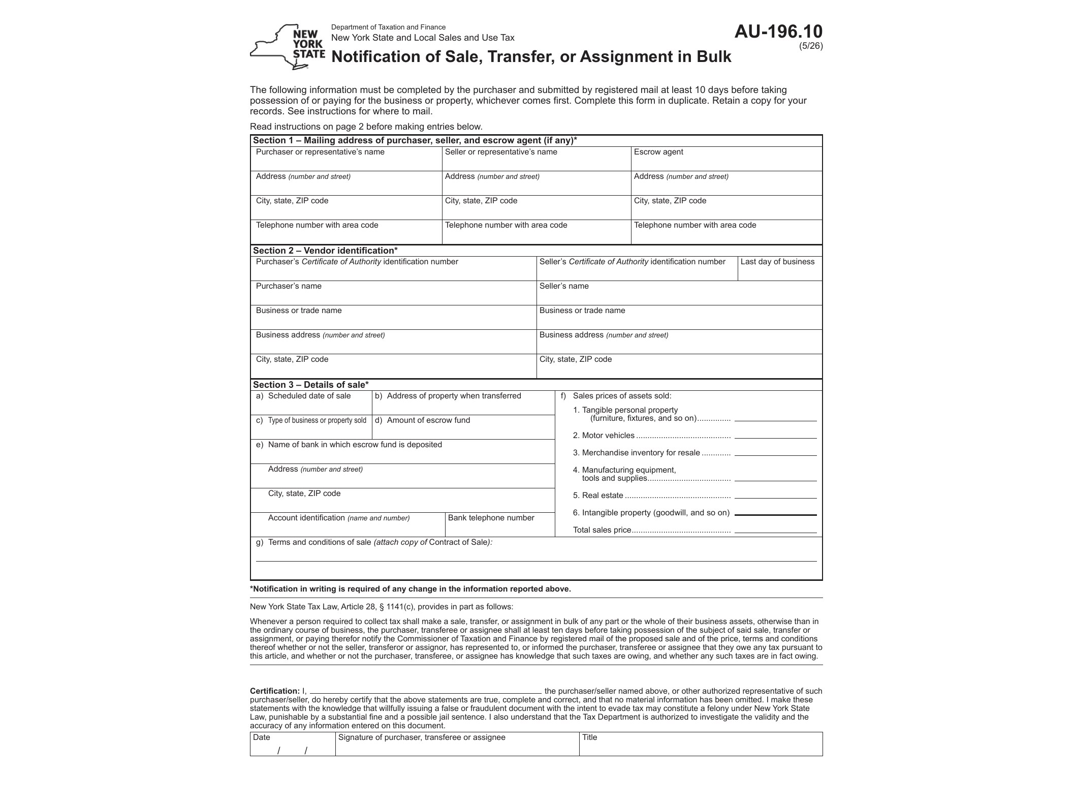 AU196 Form AU-196.10 Notification of Sale, Transfer, or Assignment in Bulk Revised 5/26 - official form preview, page 1
