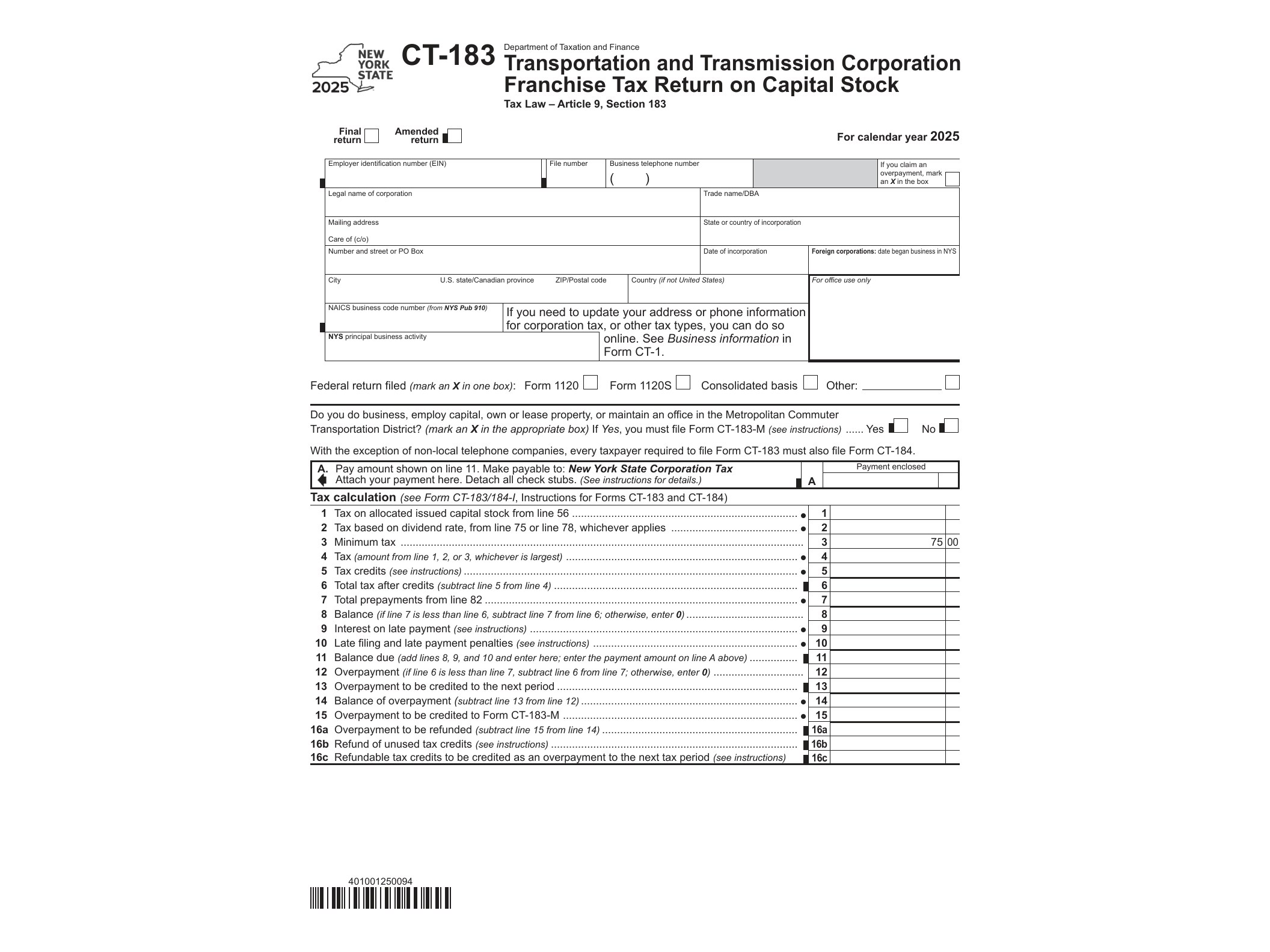 CT183 Form CT-183 Transportation and Transmission Corporation Franchise Tax Return on Gross Earnings Tax Year 2025 - official form preview, page 1