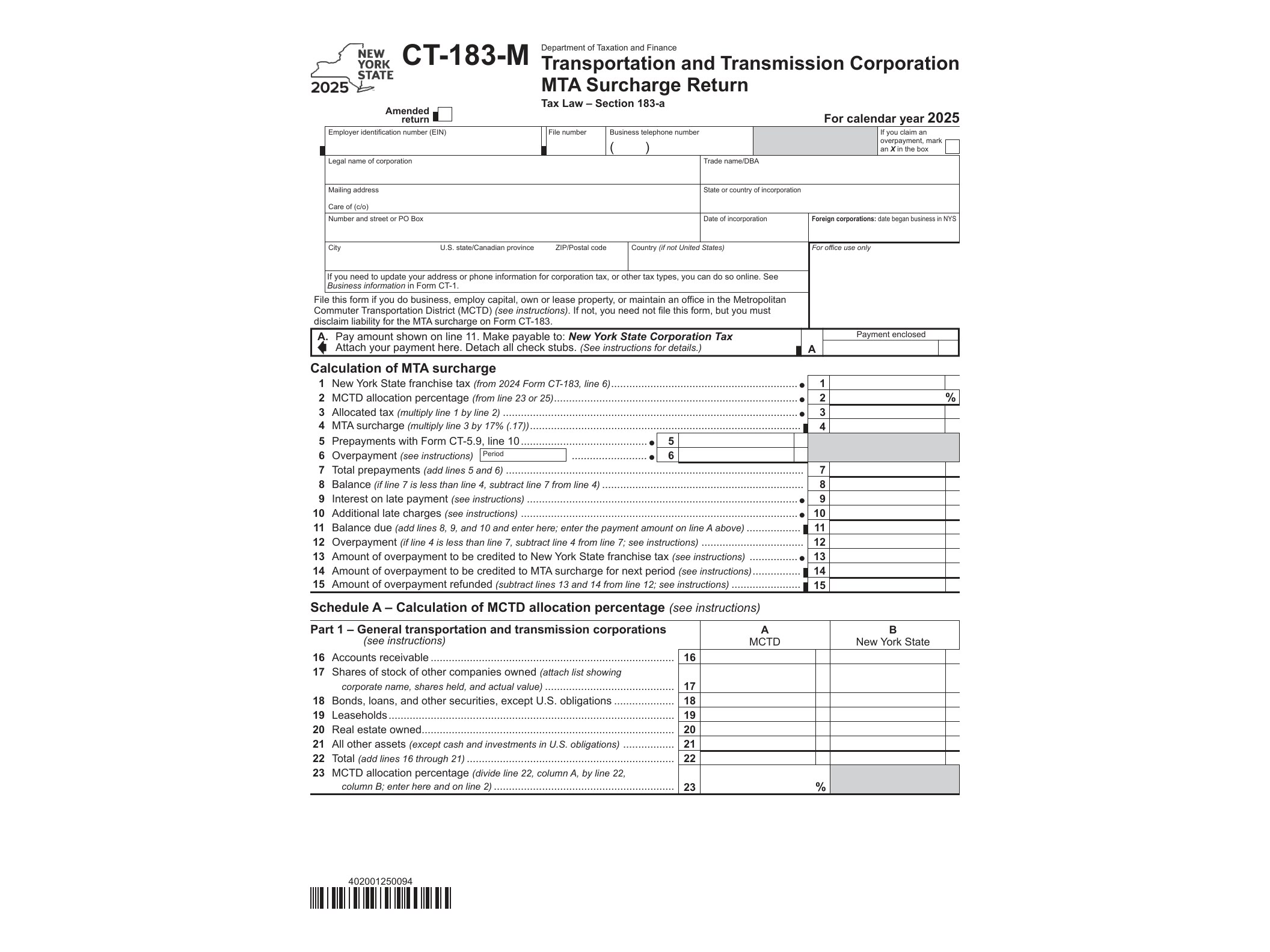 CT183M Form CT-183-M Transportation and Transmission Corporation MTA Surcharge Return Tax Year 2025 - official form preview, page 1