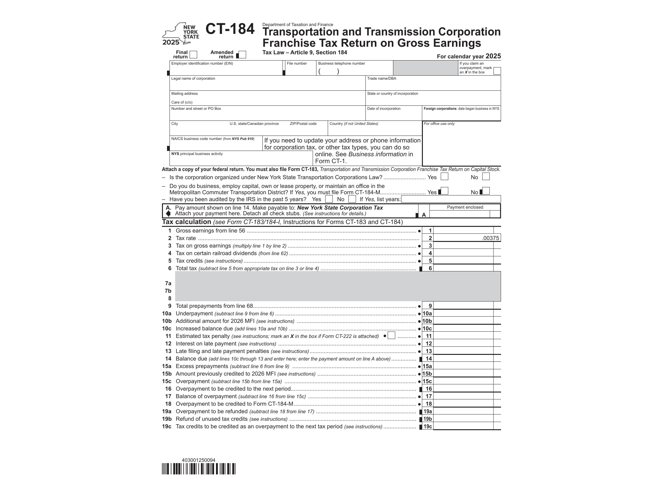 CT184 Form CT-184 Transportation and Transmission Corporation Franchise Tax Return on Capital Stock Tax Year 2025 - official form preview, page 1