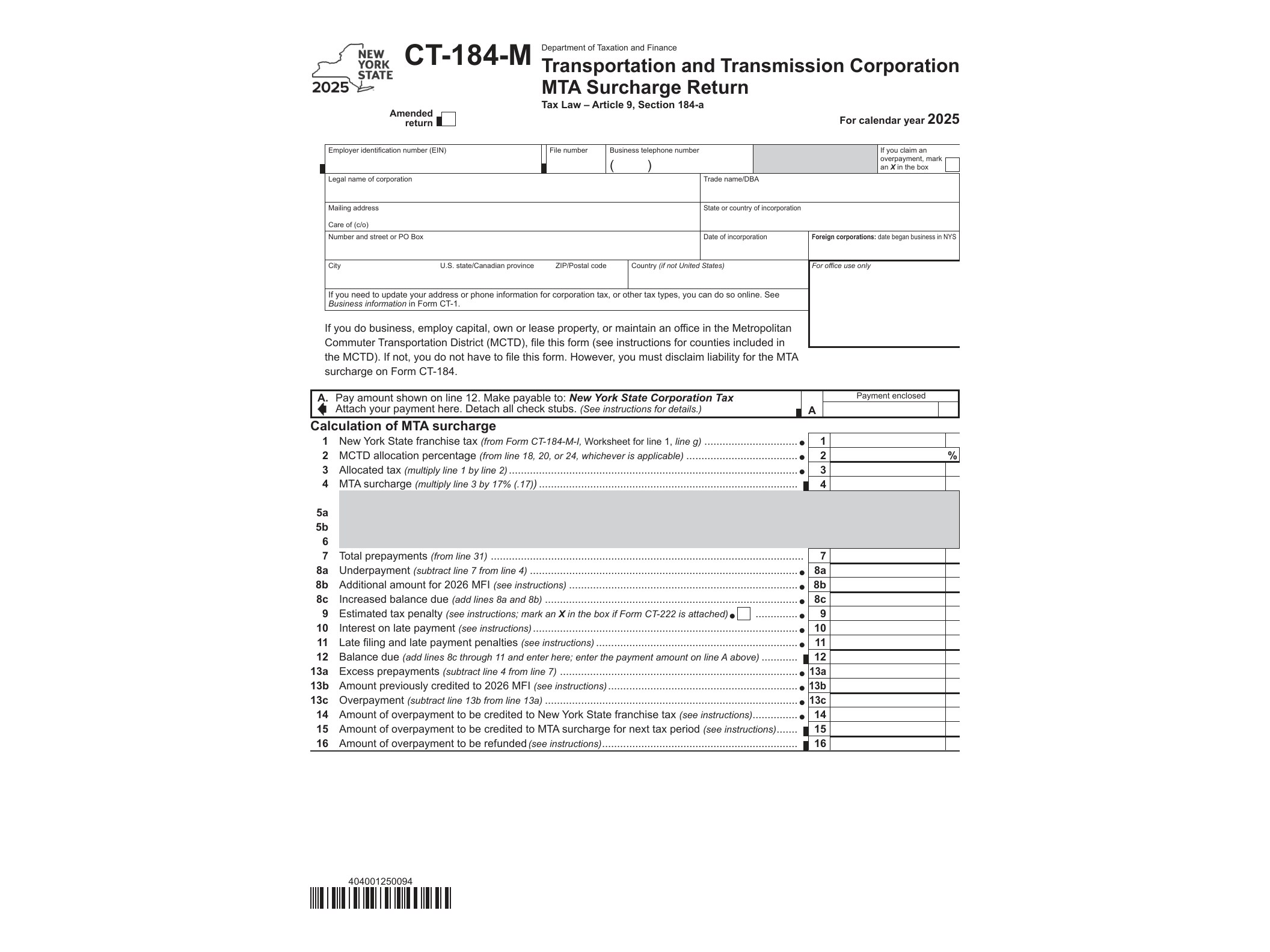 CT184M Form CT-184-M Transportation and Transmission Corporation MTA Surcharge Return Tax Year 2025 - official form preview, page 1