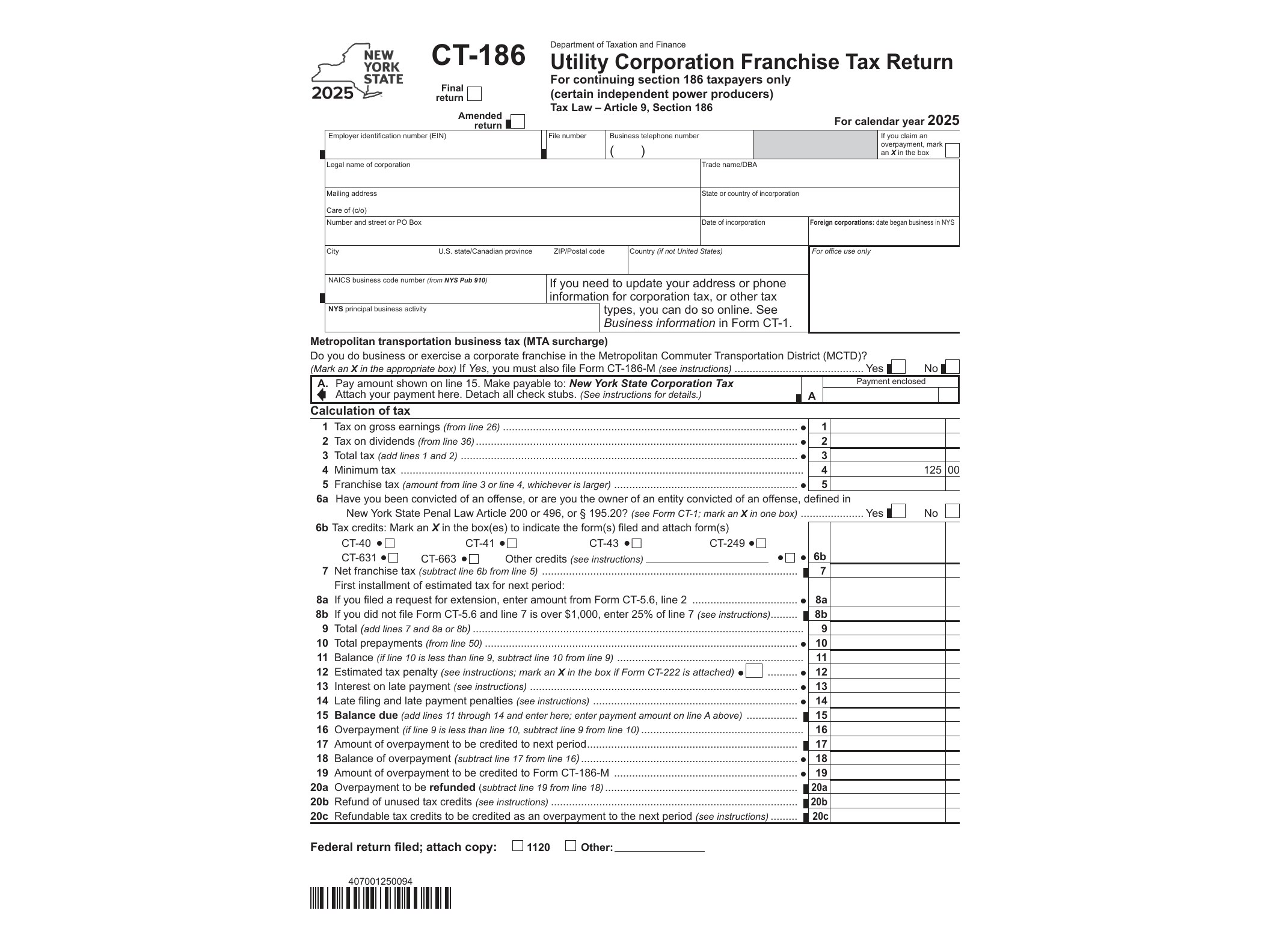 CT186 Form CT-186 Utilty Corporation Franchise Tax Return Tax Year 2025 - official form preview, page 1