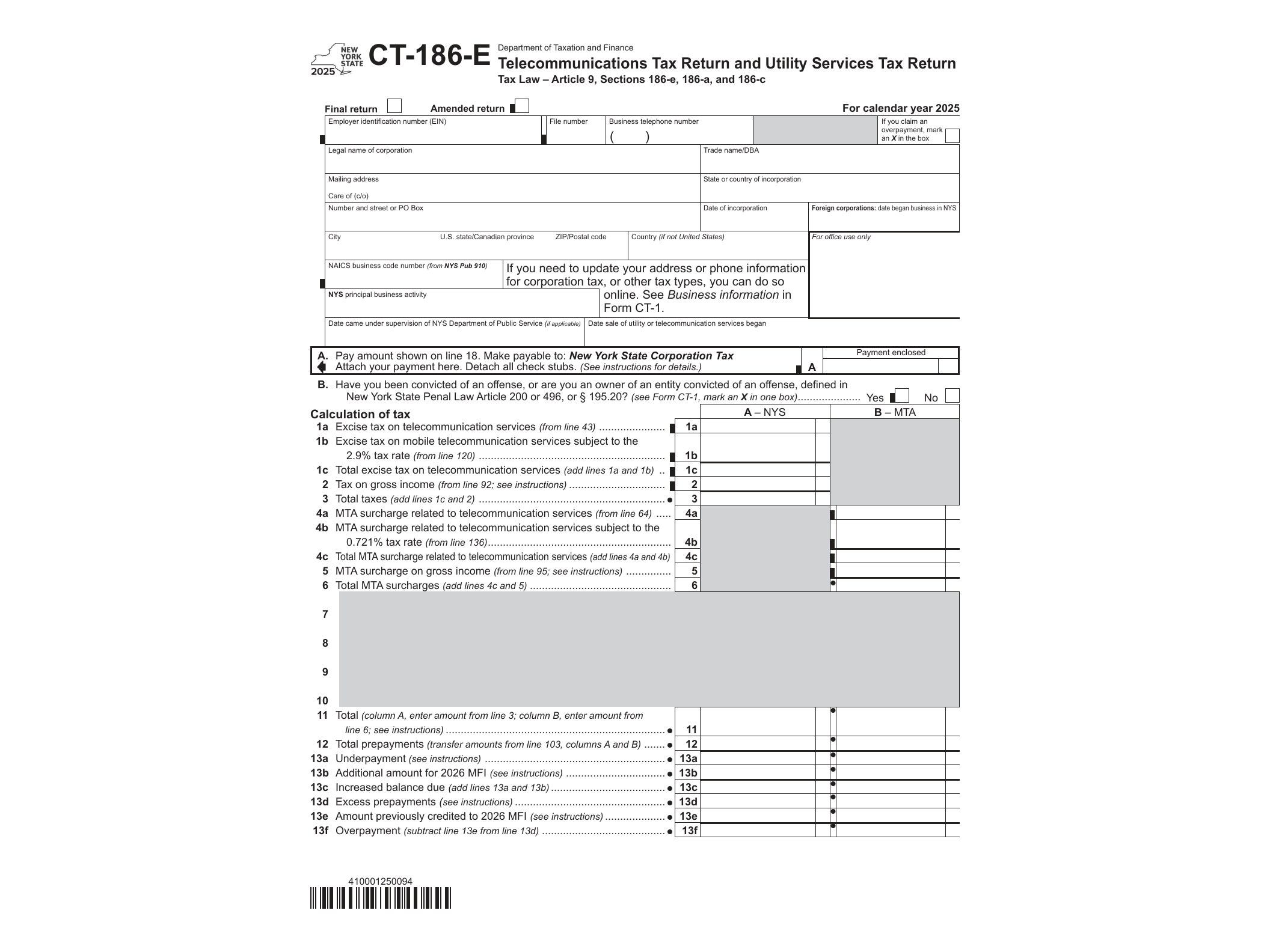 CT186E Form CT-186-E Telecommunications Tax Return and Utility Services Tax Return Tax Year 2025 - official form preview, page 1