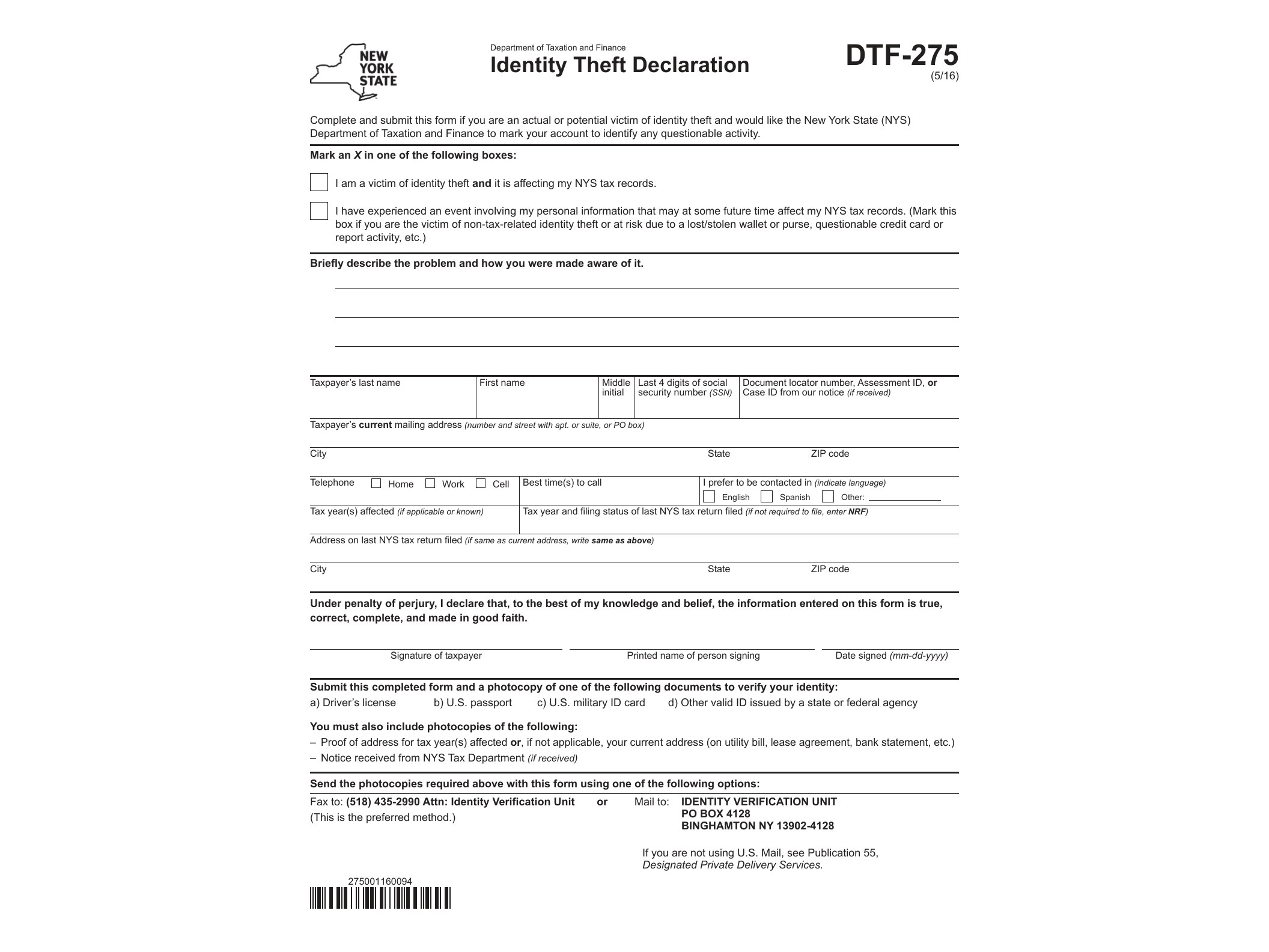 DTF275 Form DTF-275:5/16:Identity Theft Declaration:dtf275 - official form preview, page 1