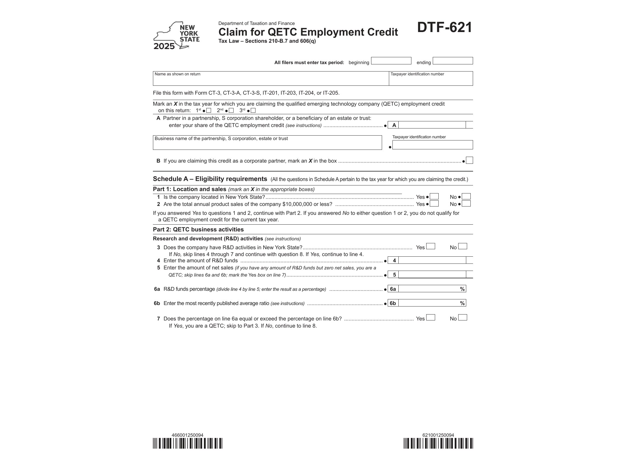 DTF621 Form DTF-621 Claim for QETC Employment Credit Tax Year 2025 - official form preview, page 1