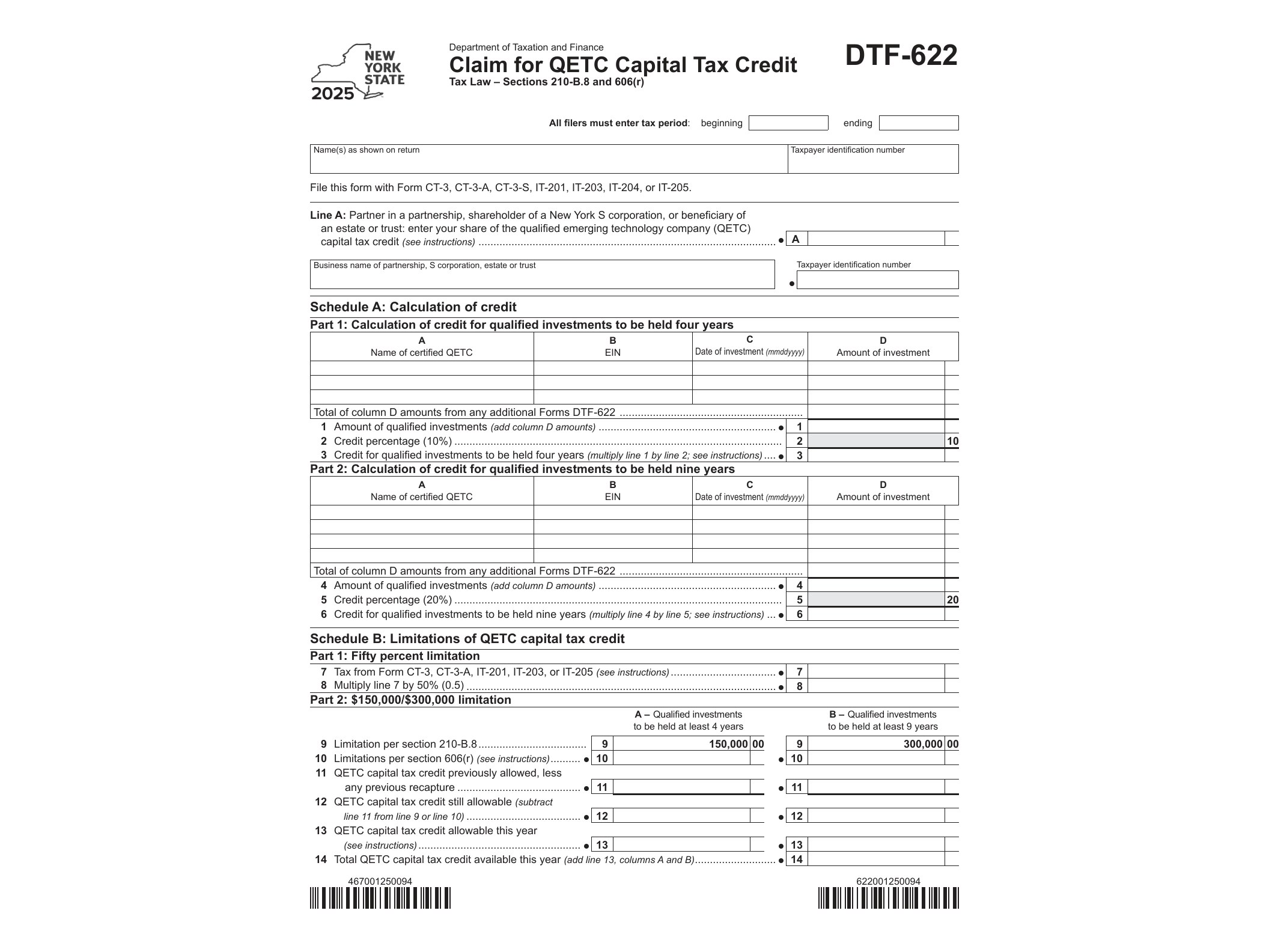 DTF622 Form DTF-622 Claim for QETC Capital Tax Credit Tax Year 2025 - official form preview, page 1