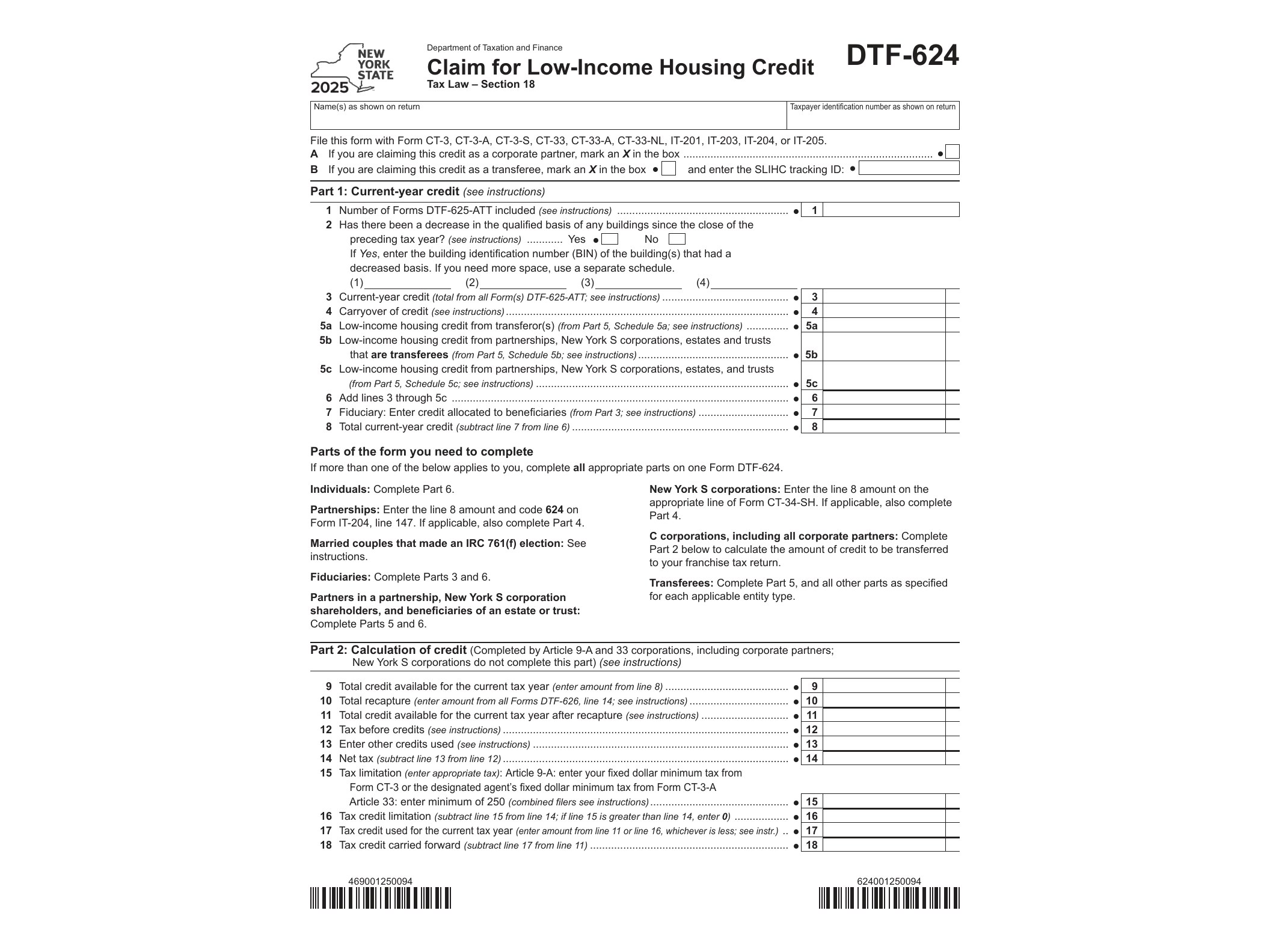 DTF624 Form DTF-624 Claim for Low-Income Housing Credit Tax Year 2025 - official form preview, page 1