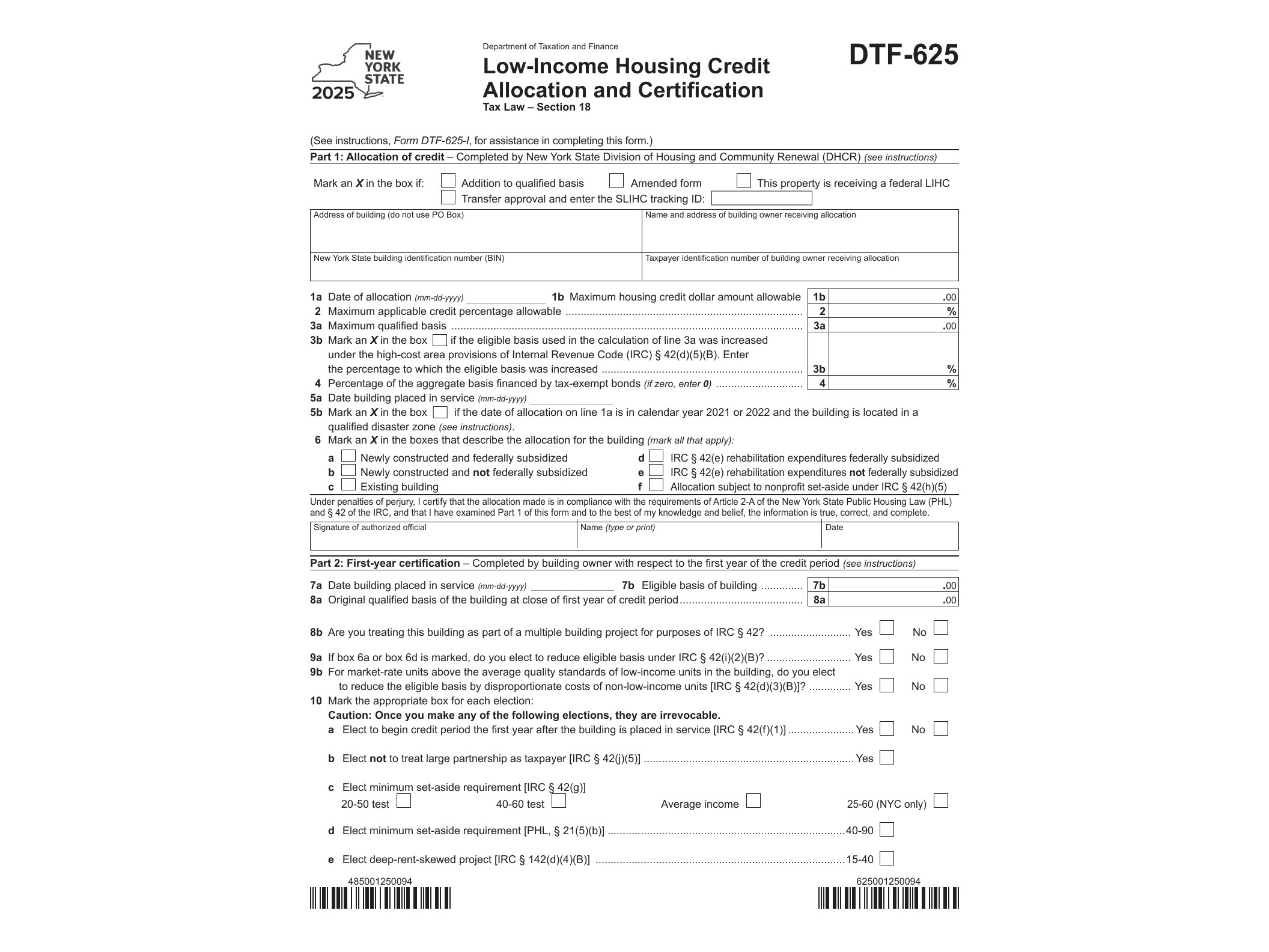 DTF625 Form DTF-625 Low-Income Housing Credit Allocation and Certification Tax Year 2025 - official form preview, page 1