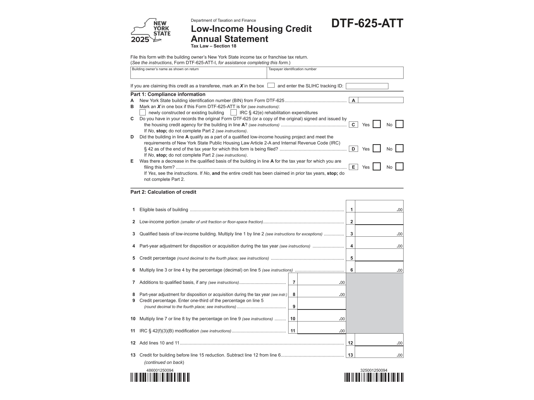 DTF625ATT Form DTF-625-ATT Low-Income Housing Credit Annual Statement Tax Year 2025 - official form preview, page 1