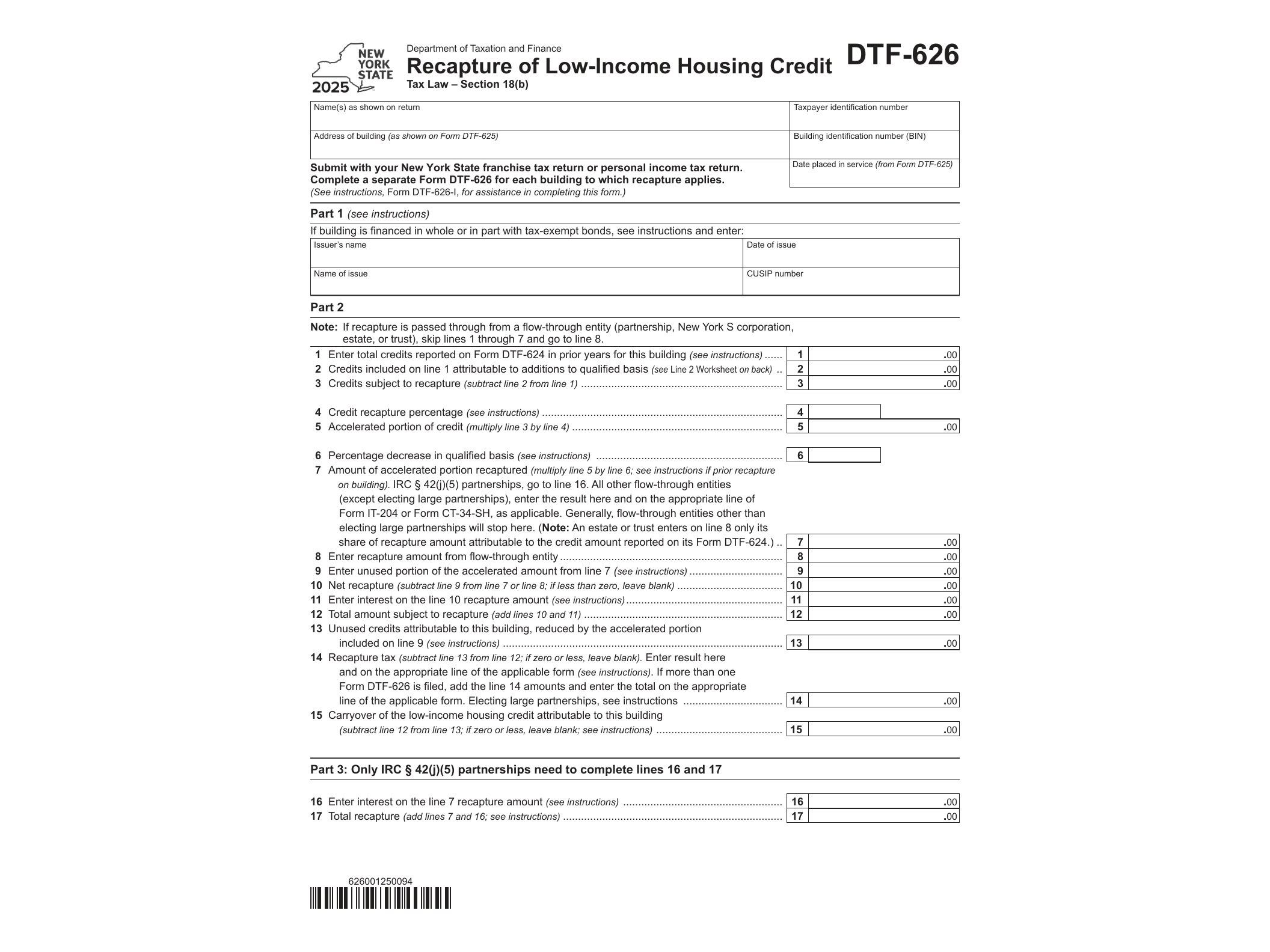 DTF626 Form DTF-626 Recapture of Low-Income Housing Credit Tax Year 2025 - official form preview, page 1