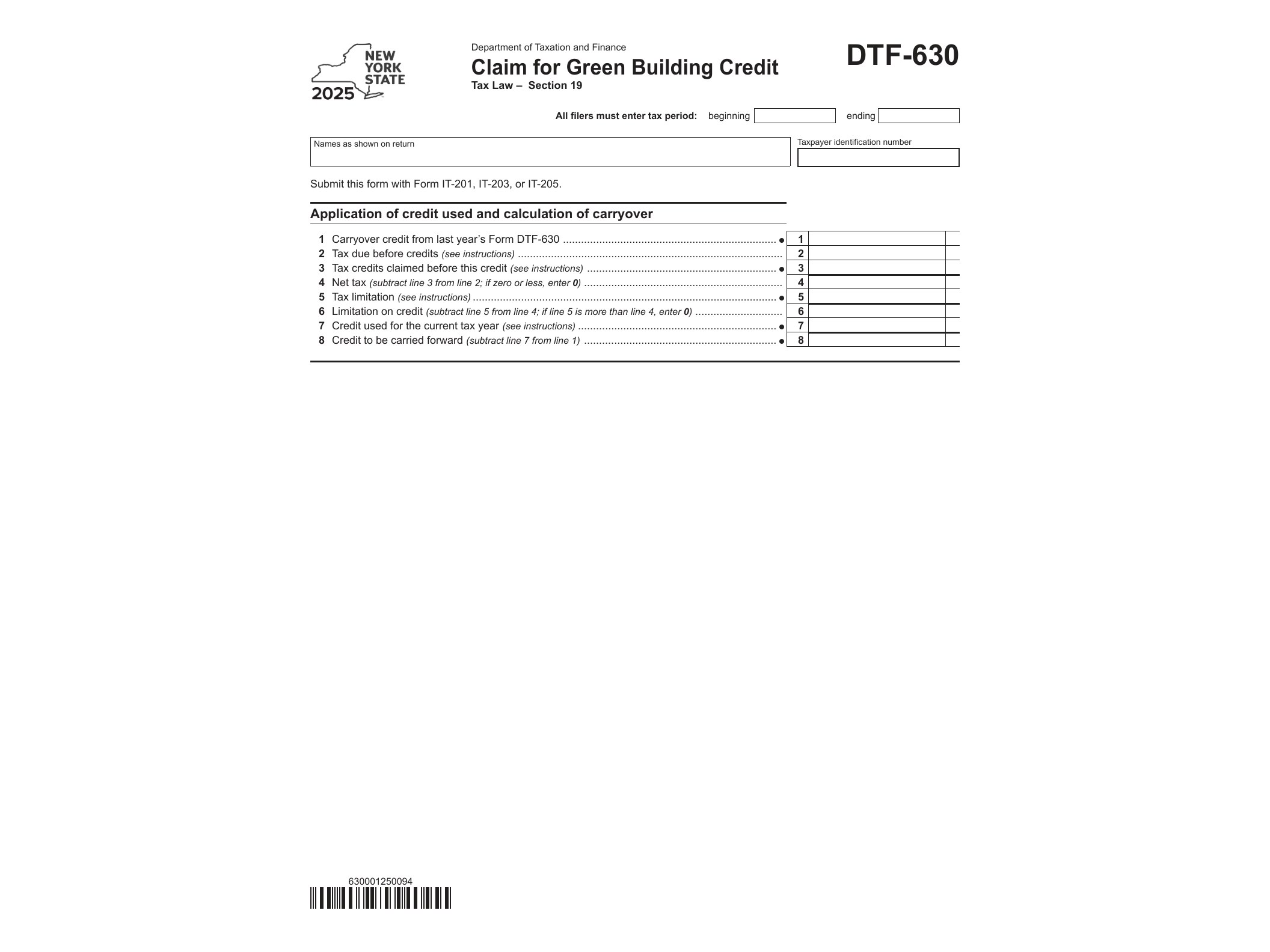 DTF630 Form DTF-630 Claim for Green Building Credit Tax Year 2025 - official form preview, page 1