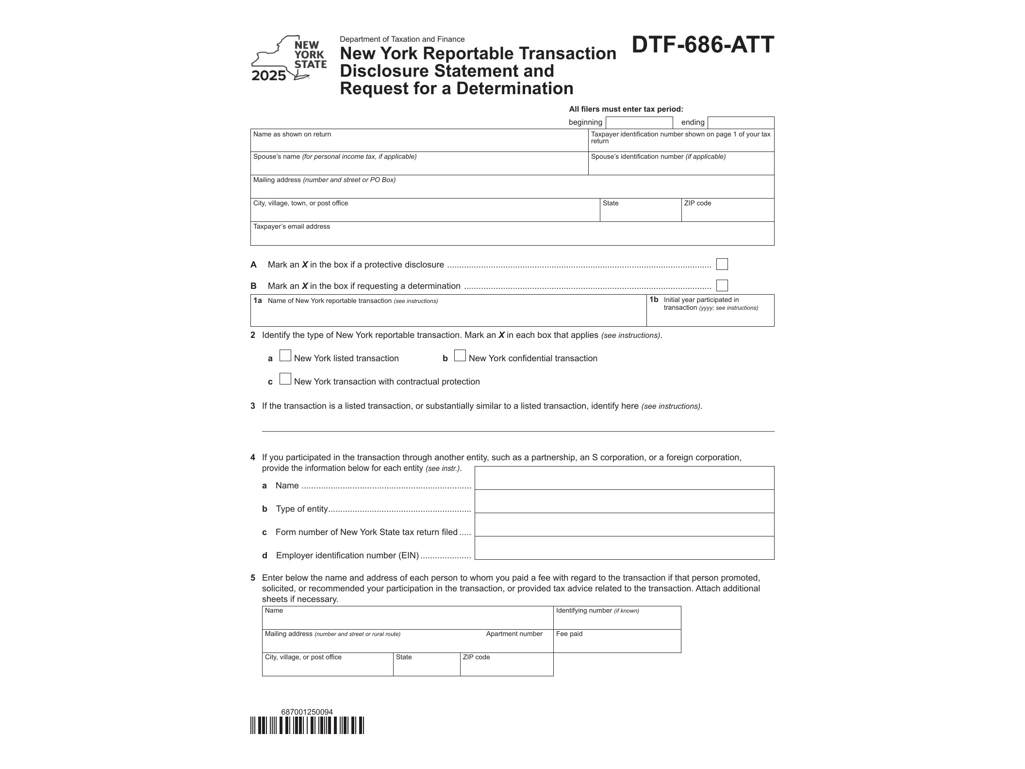 DTF686ATT Form DTF-686-ATT New York Reportable Transaction Disclosure Statement and Request for a Determination Tax Year 2025 - official form preview, page 1