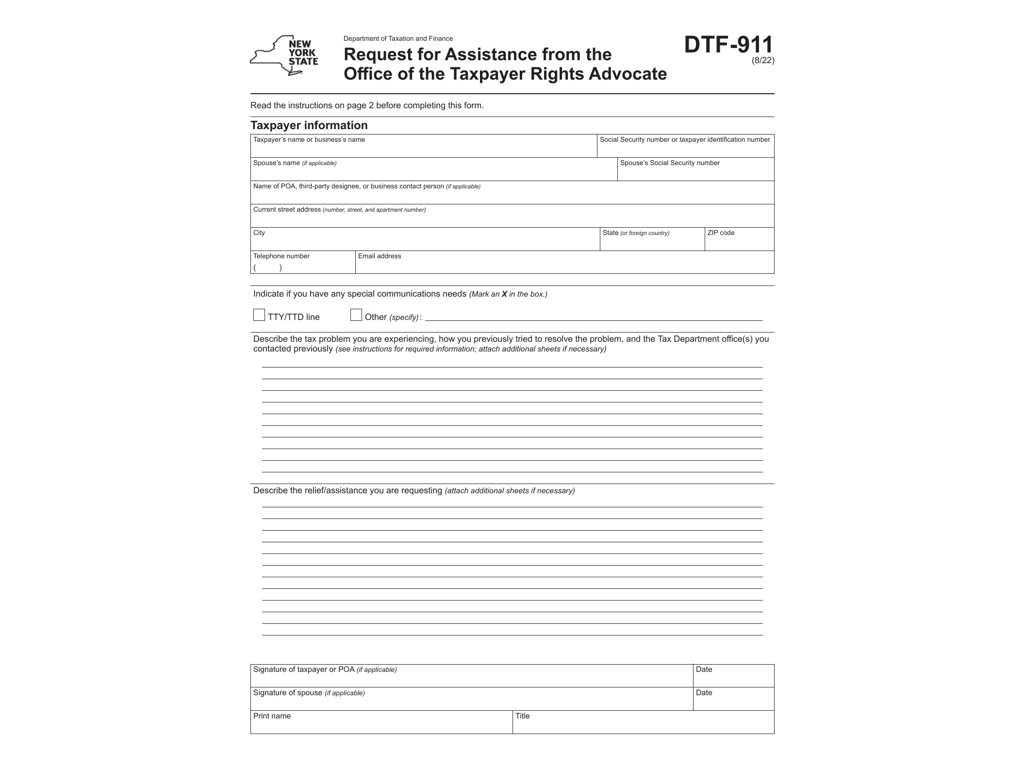 DTF911 Form DTF-911 Request for Assistance from the Office of the Taxpayer Rights Advocate Revised 8/22 - official form preview, page 1