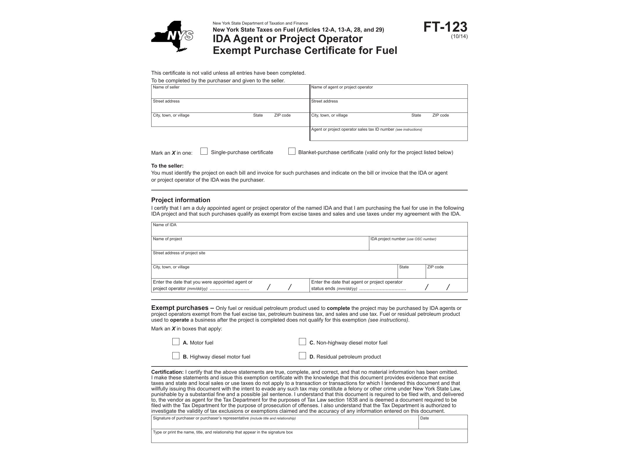FT123 Form FT-123:10/14: IDA Agent or Project Operator Exempt Purchase Certificate for Fuel, ft123 - official form preview, page 1