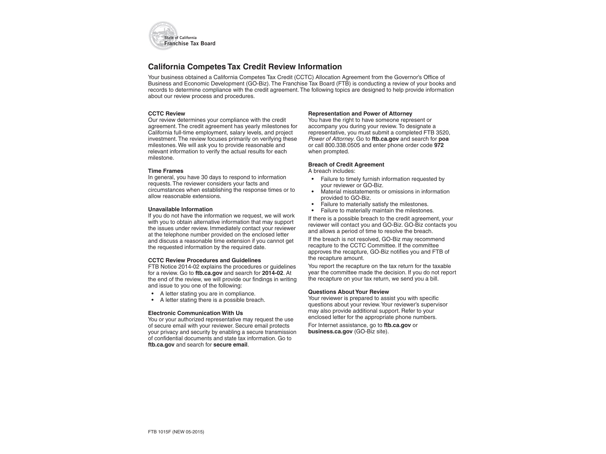 FTB California Competes Tax Credit Review Information - official form preview, page 1