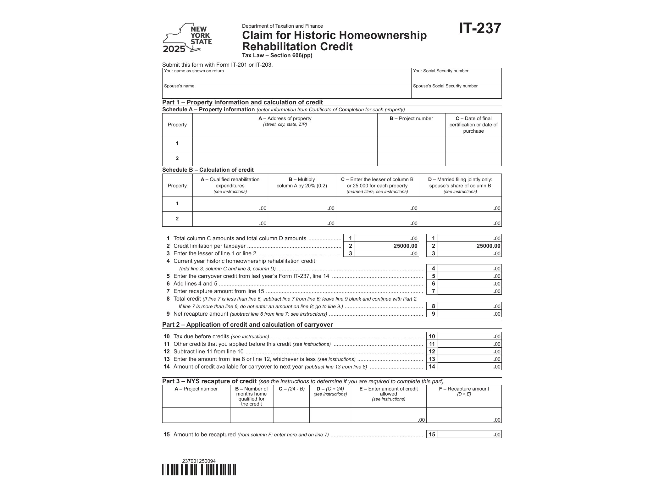 IT237 Form IT-237 Claim for Historic Homeownership Rehabilitation Credit Tax Year 2025 - official form preview, page 1