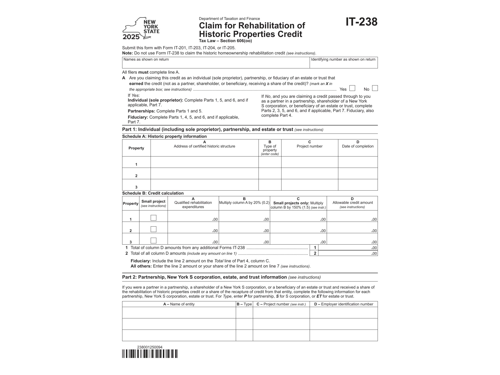 IT238 Form IT-238 Claim for Rehabilitation of Historic Properties Credit Tax Year 2025 - official form preview, page 1