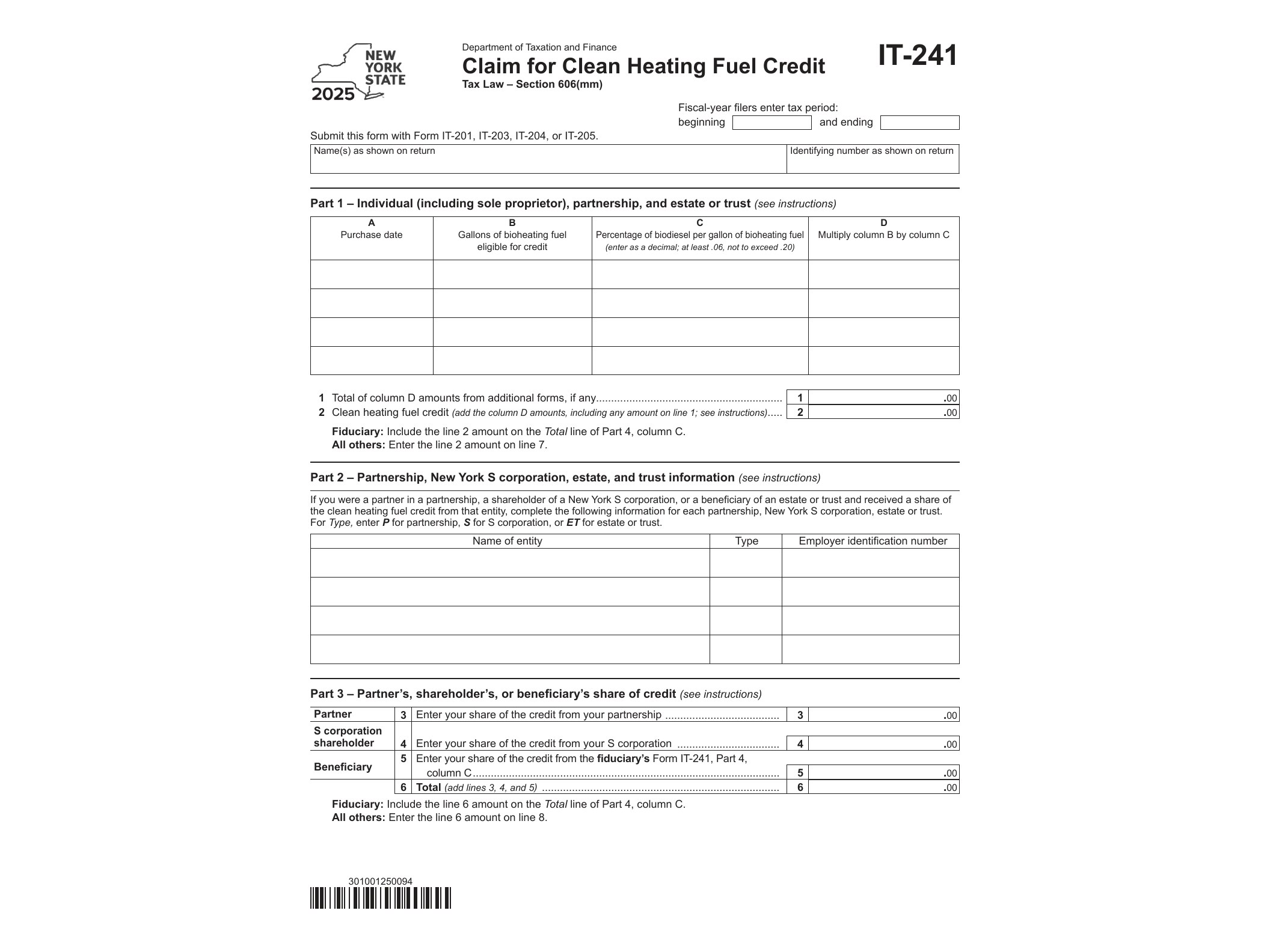 IT241 Form IT-241 Claim for Clean Heating Fuel Credit Tax Year 2025 - official form preview, page 1