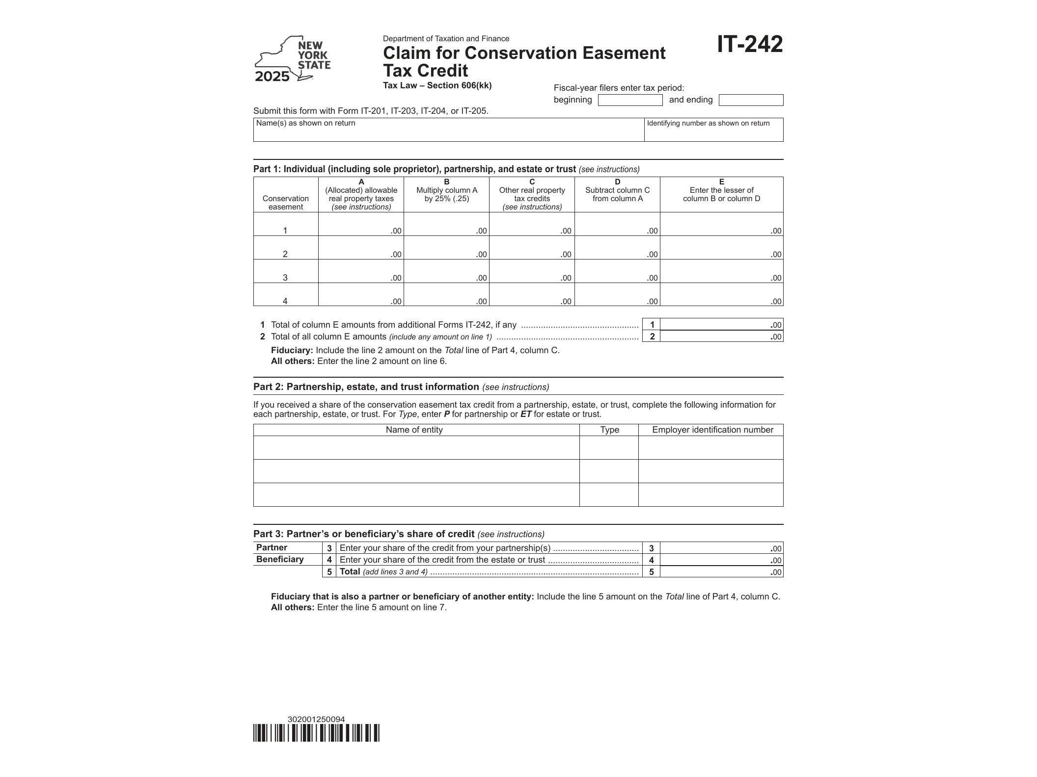 IT242 Form IT-242 Claim for Conservation Easement Tax Credit Tax Year 2025 - official form preview, page 1