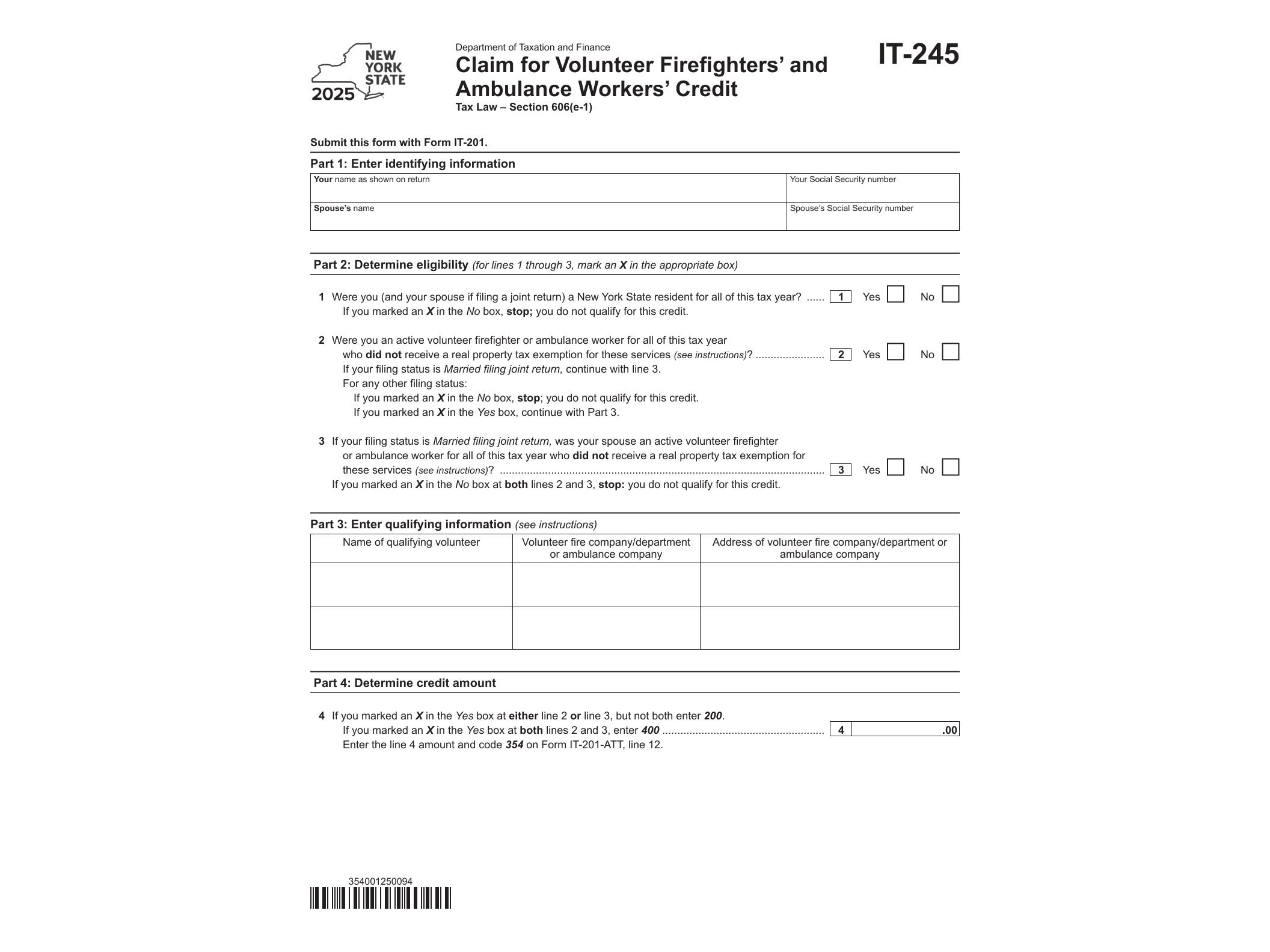 IT245 Form IT-245 Claim for Volunteer Firefighters’ and Ambulance Workers’ Credit Tax Year 2025 - official form preview, page 1