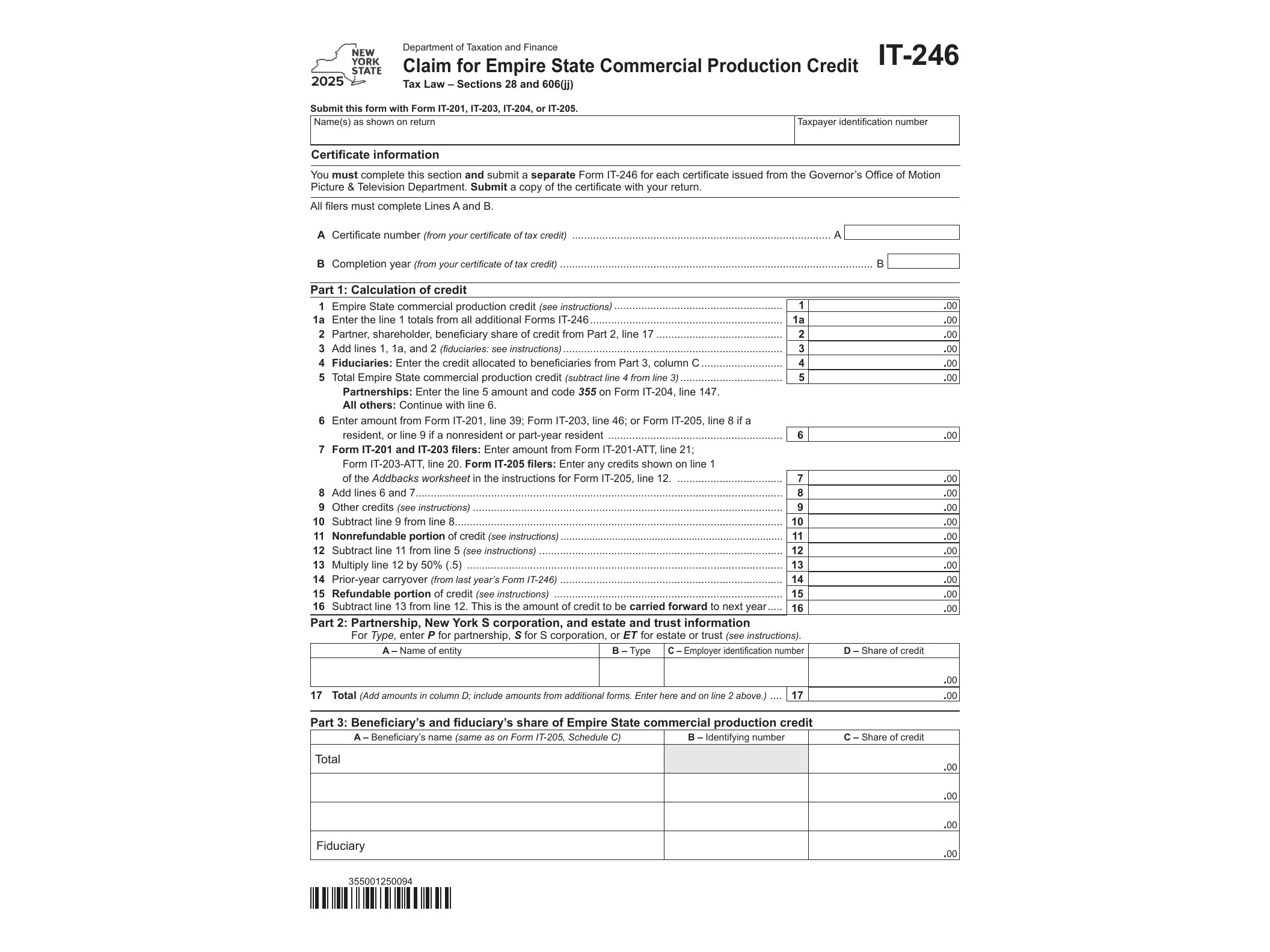 IT246 Form IT-246 Claim for Empire State Commercial Production Credit Tax Year 2025 - official form preview, page 1