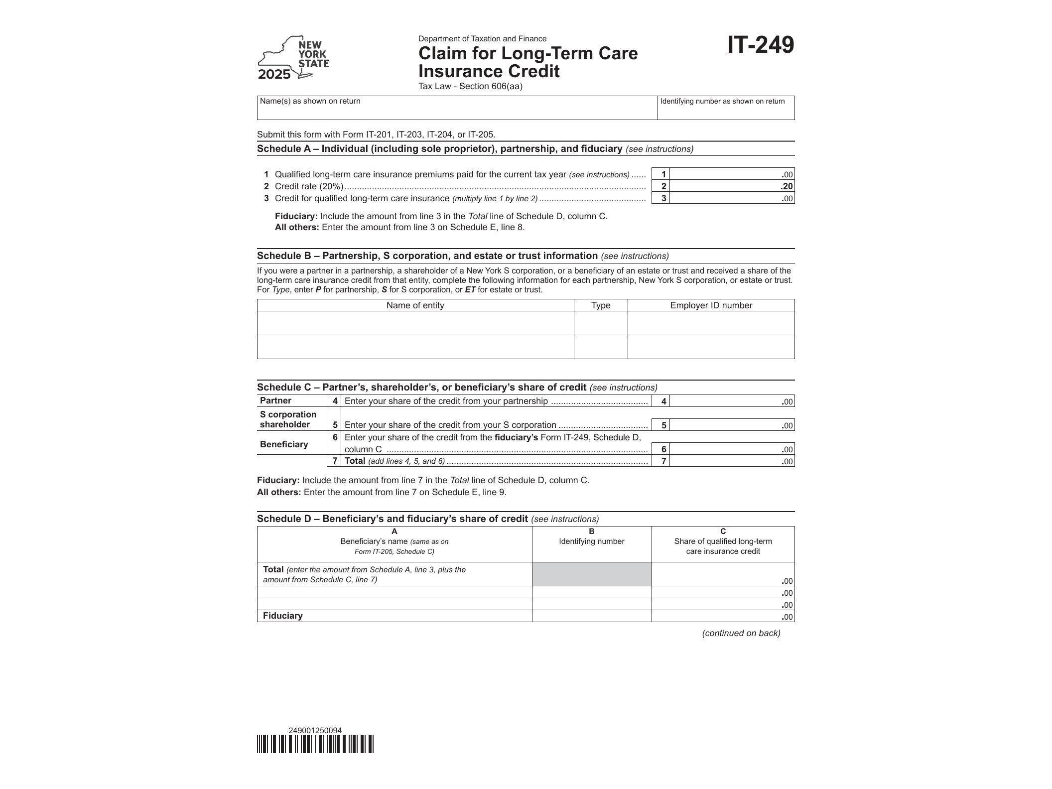 IT249 Form IT-249 Claim for Long-Term Care Insurance Credit Tax Year 2025 - official form preview, page 1