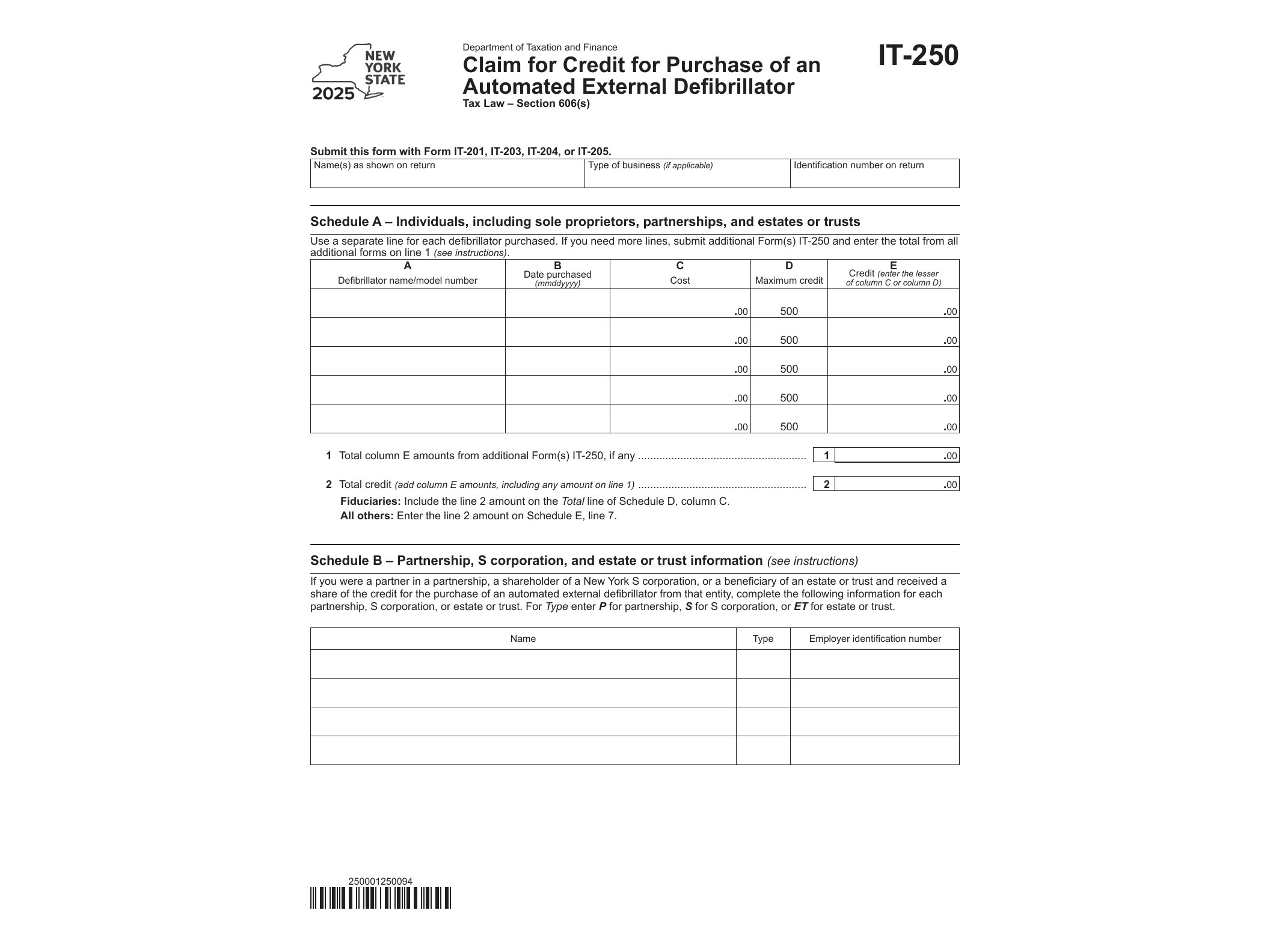 IT250 Form IT-250 Claim for Credit for Purchase of an Automated External Defribrillator Tax Year 2025 - official form preview, page 1