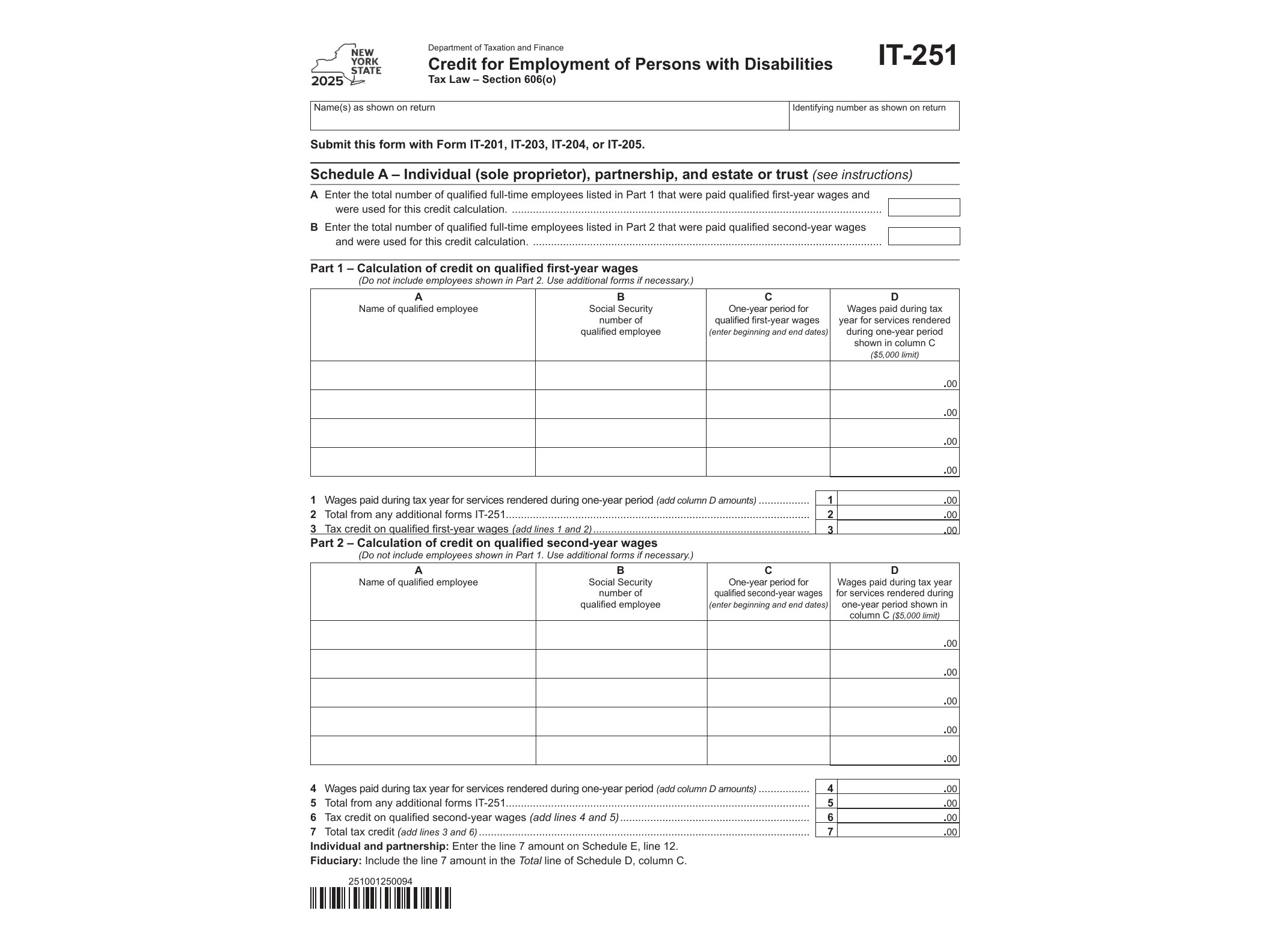 IT251 Form IT-251 Credit for Employment of Persons with Disabilities Tax Year 2025 - official form preview, page 1