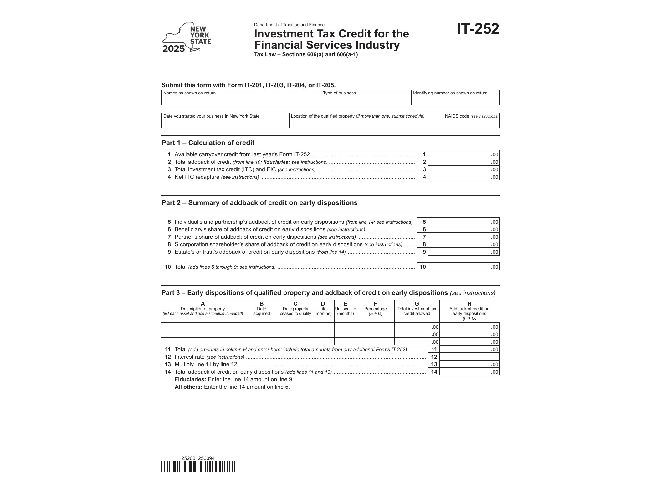 IT252 Form IT-252 Investment Tax Credit for the Financial Services Industry Tax Year 2025 - official form preview, page 1