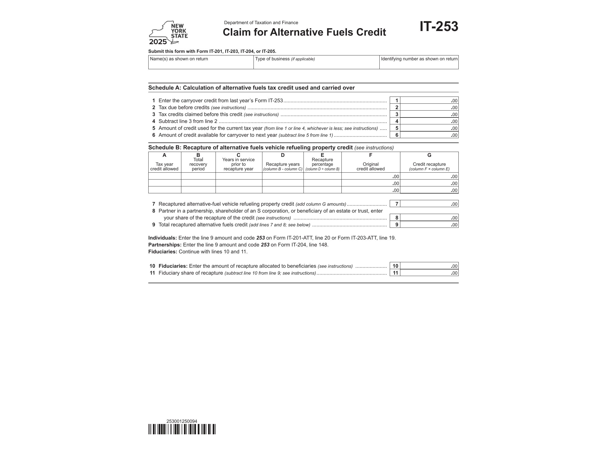 IT253 Form IT-253 Claim for Alternative Fuels Credit Tax Year 2025 - official form preview, page 1