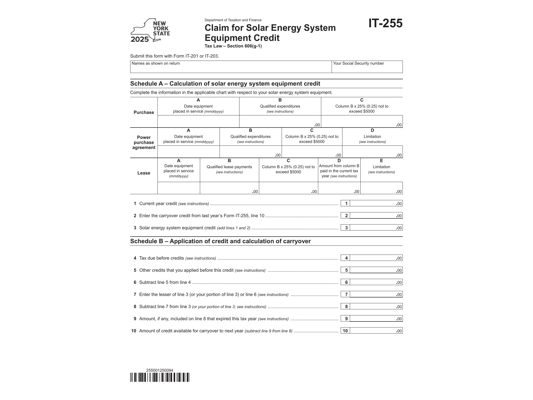 IT255 Form IT-255 Claim for Solar Energy System Equipment Credit Tax Year 2025 - official form preview, page 1