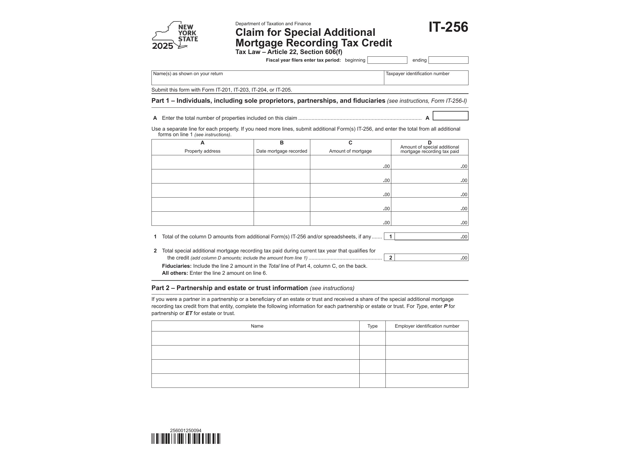 IT256 Form IT-256 Claim for Special Additional Mortgage Recording Tax Credit Tax Year 2025 - official form preview, page 1