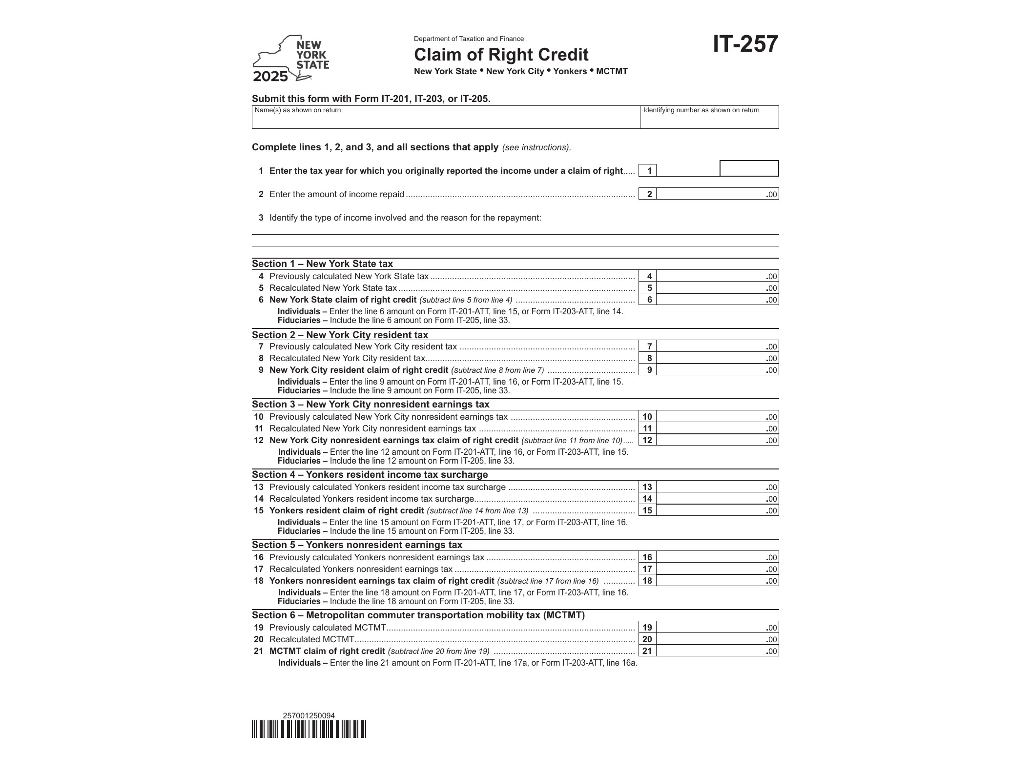 IT257 Form IT-257 Claim of Right Credit Tax Year 2025 - official form preview, page 1