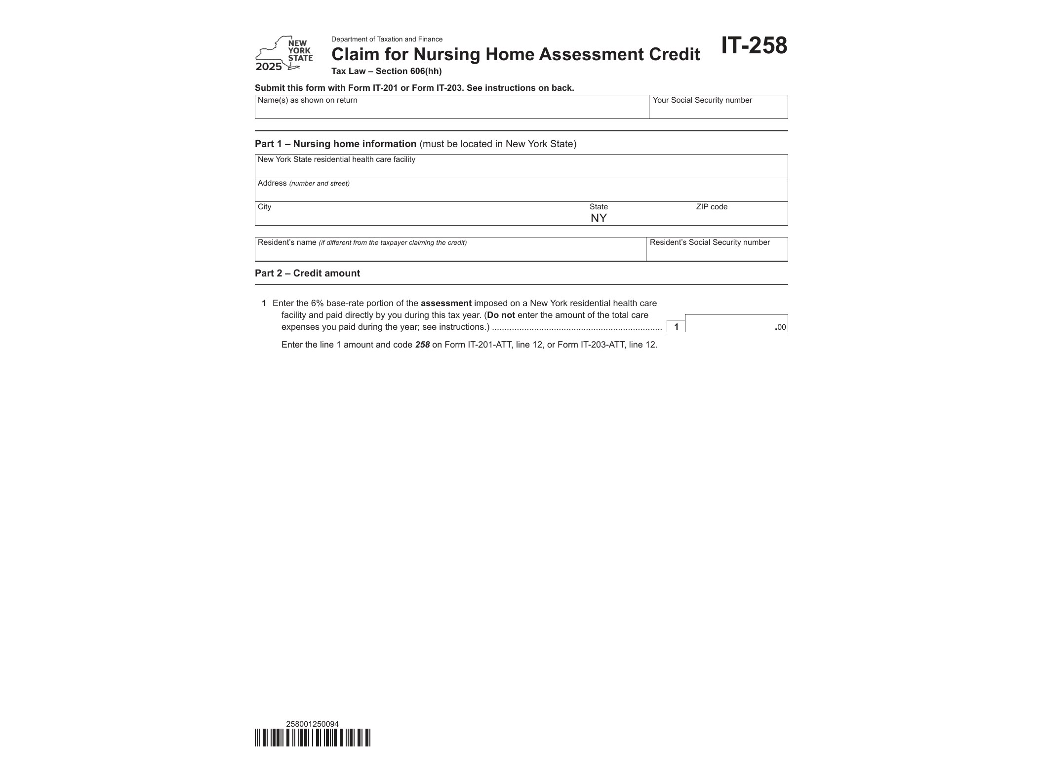 IT258 Form IT-258 Claim for Nursing Home Assessment Credit Tax Year 2025 - official form preview, page 1
