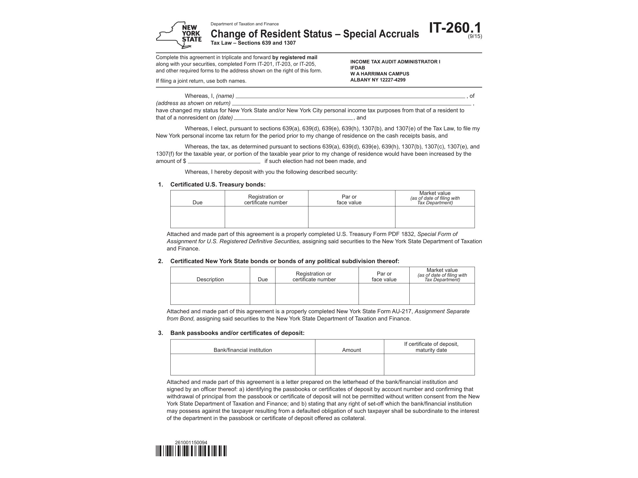 IT260 Form IT-260.1:9/15:Change of Resident Status -- Special Accruals:IT2601 - official form preview, page 1