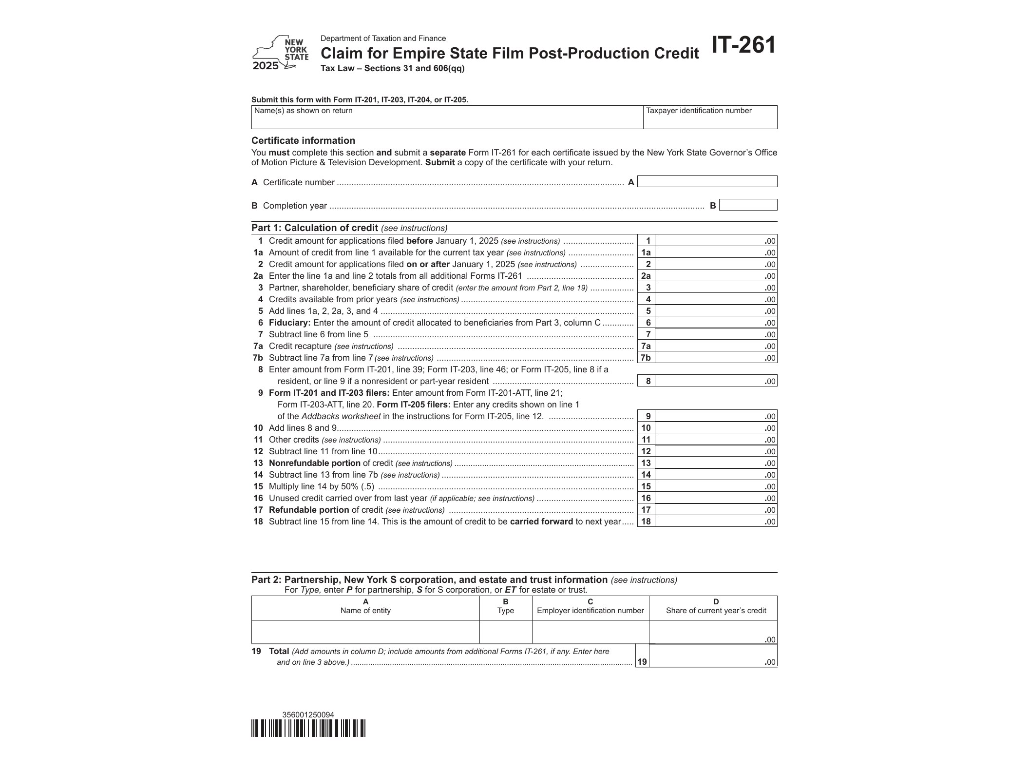IT261 Form IT-261 Claim for Empire State Film Post-Production Credit Tax Year 2025 - official form preview, page 1
