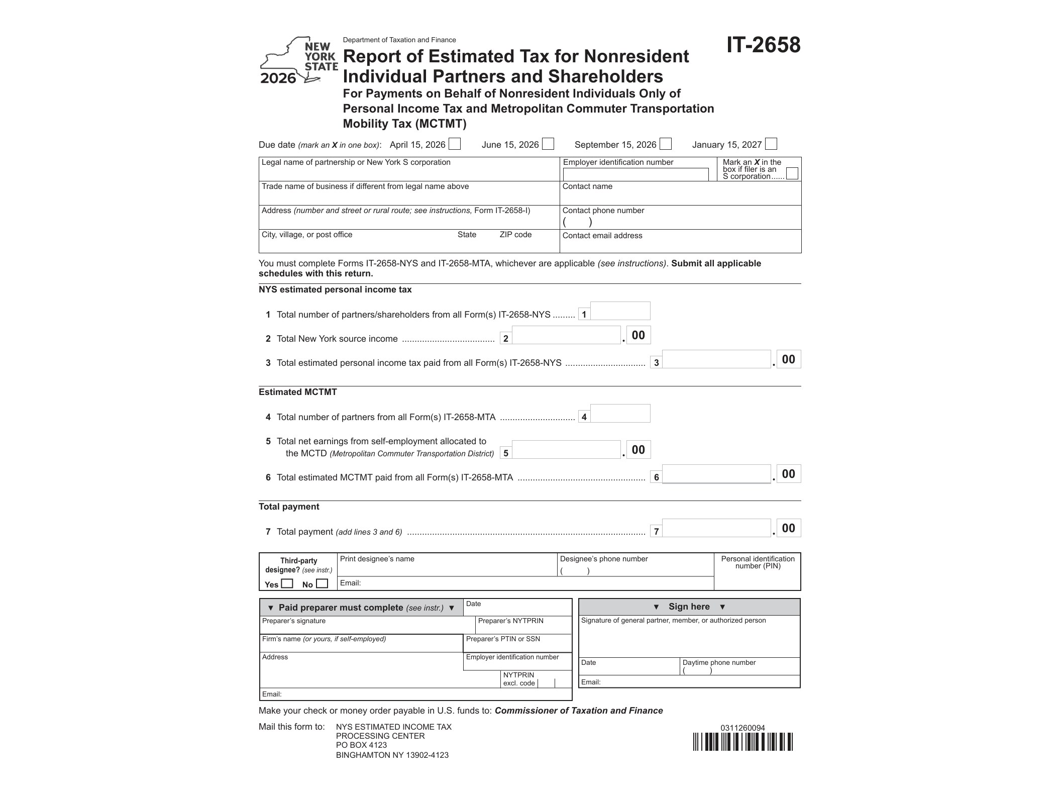 IT2658 Form IT-2658 Report of Estimated Tax for Nonresident Individual Partners and Shareholders Year 2026 - official form preview, page 1