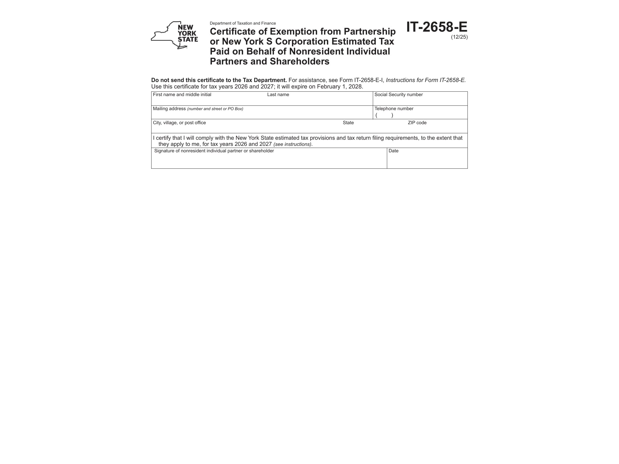 IT2658E Form IT-2658-E Certificate of Exemption from Partnership or New York S Corporation Estimated Tax Paid on Behalf of Nonresident Individual Partners and Shareholders Revised 12/25 - official form preview, page 1